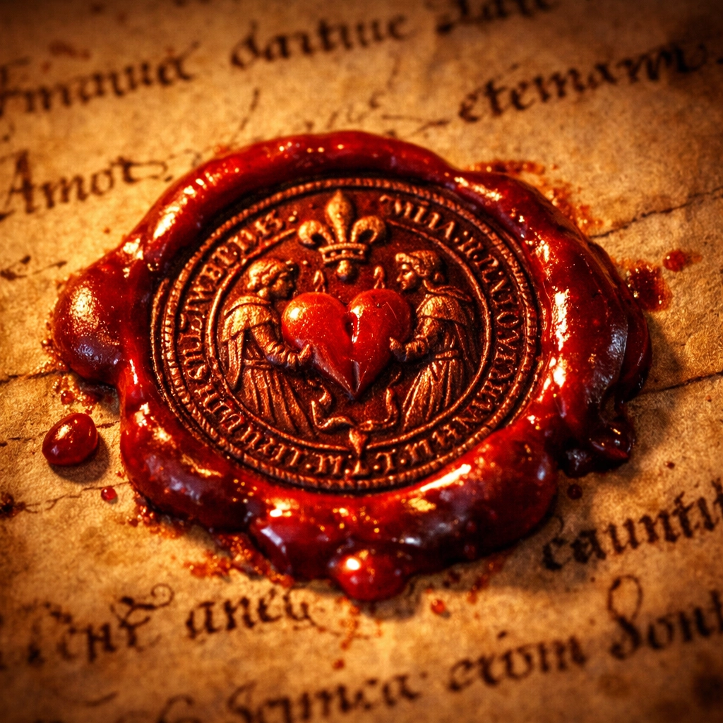 Ancient wax seal on parchment from Saint Anselm's medieval love letters