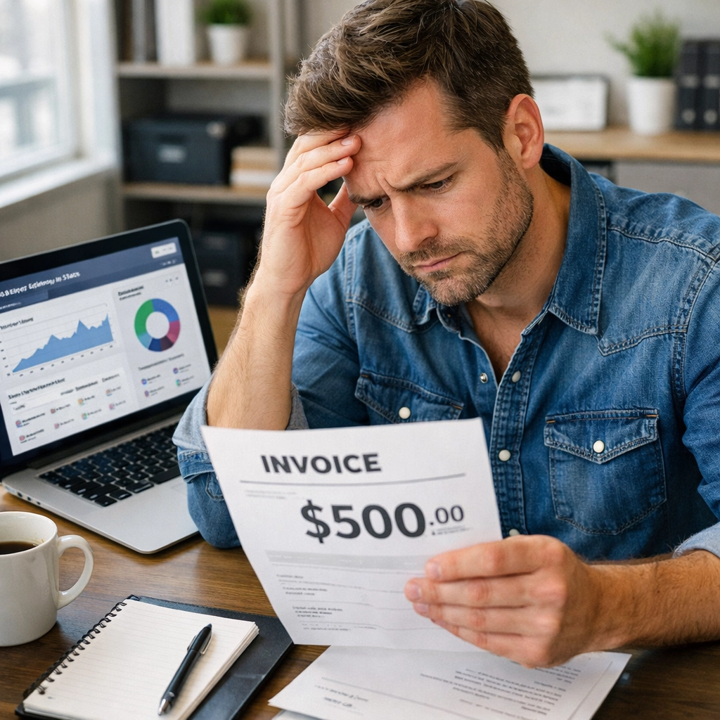 Small business owner reviewing expensive videographer invoice for social media video production