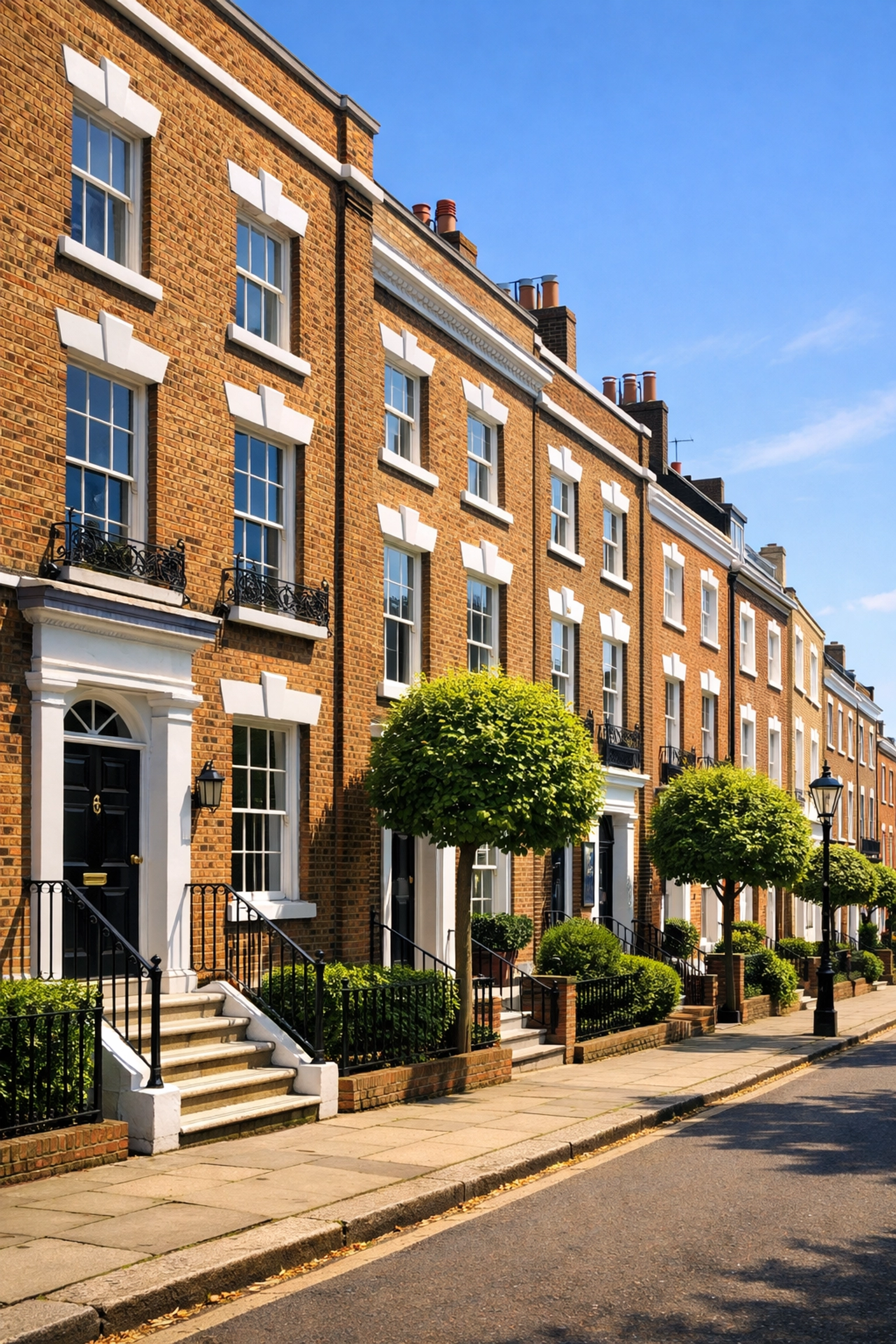 Row of elegant period townhouses in Kent, illustrating premium corporate housing and property investments.