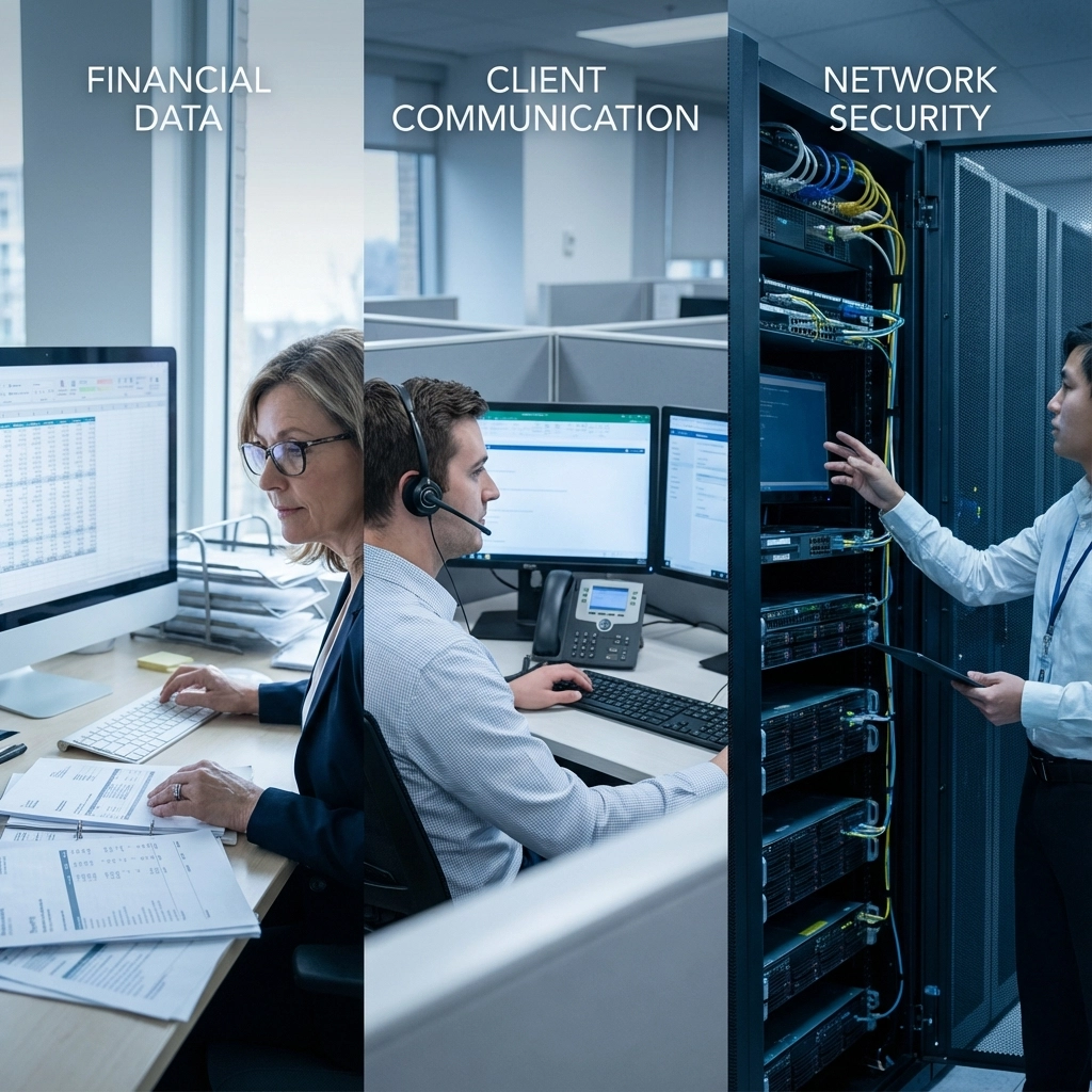 Image of business cyber security risks, employees in finance, customer service and network security