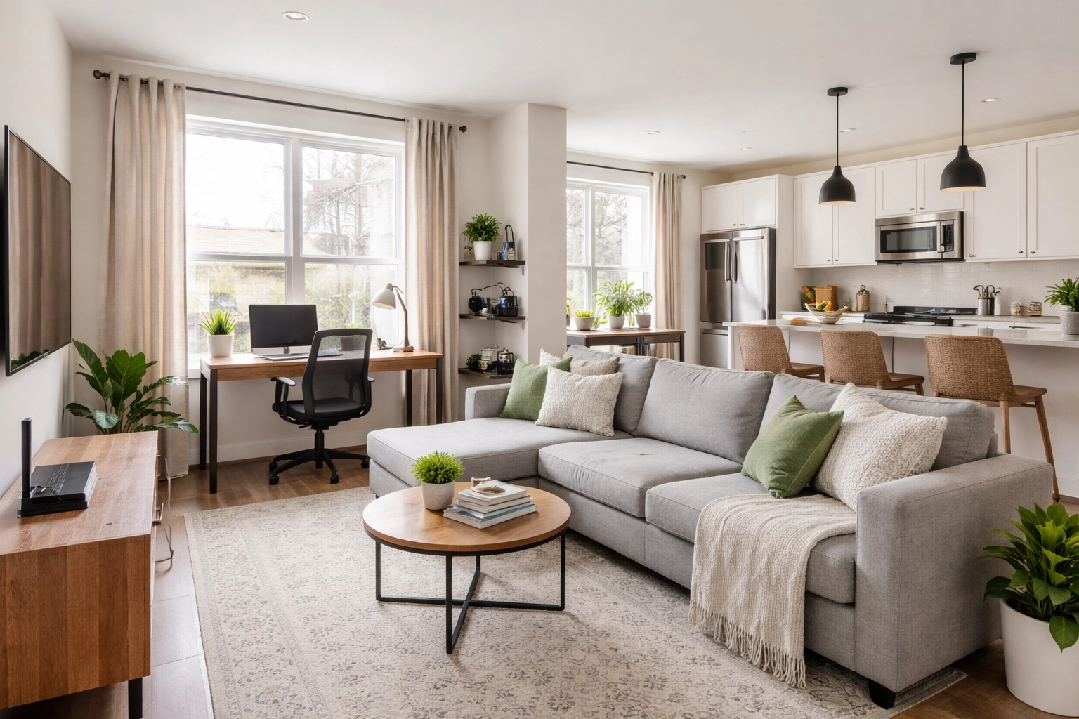 Bright, staged living room with workspace in a move-in ready medium-term rental, ideal for remote workers