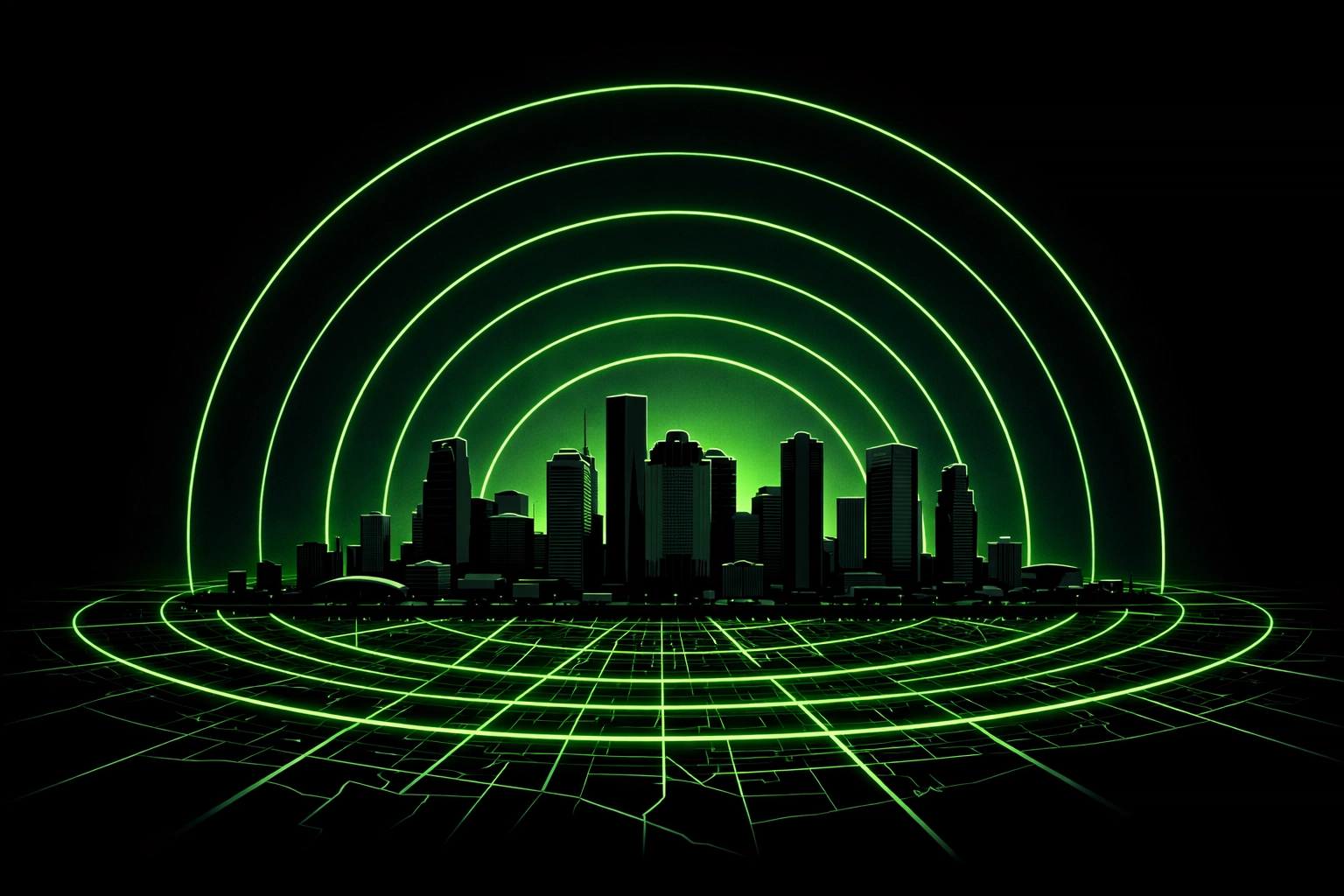 Houston skyline map showing 30-mile service radius for local towing directory listing ads.