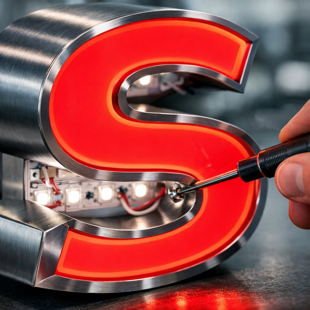 Close-up of high-quality LED channel letter craftsmanship in a professional sign manufacturing facility.