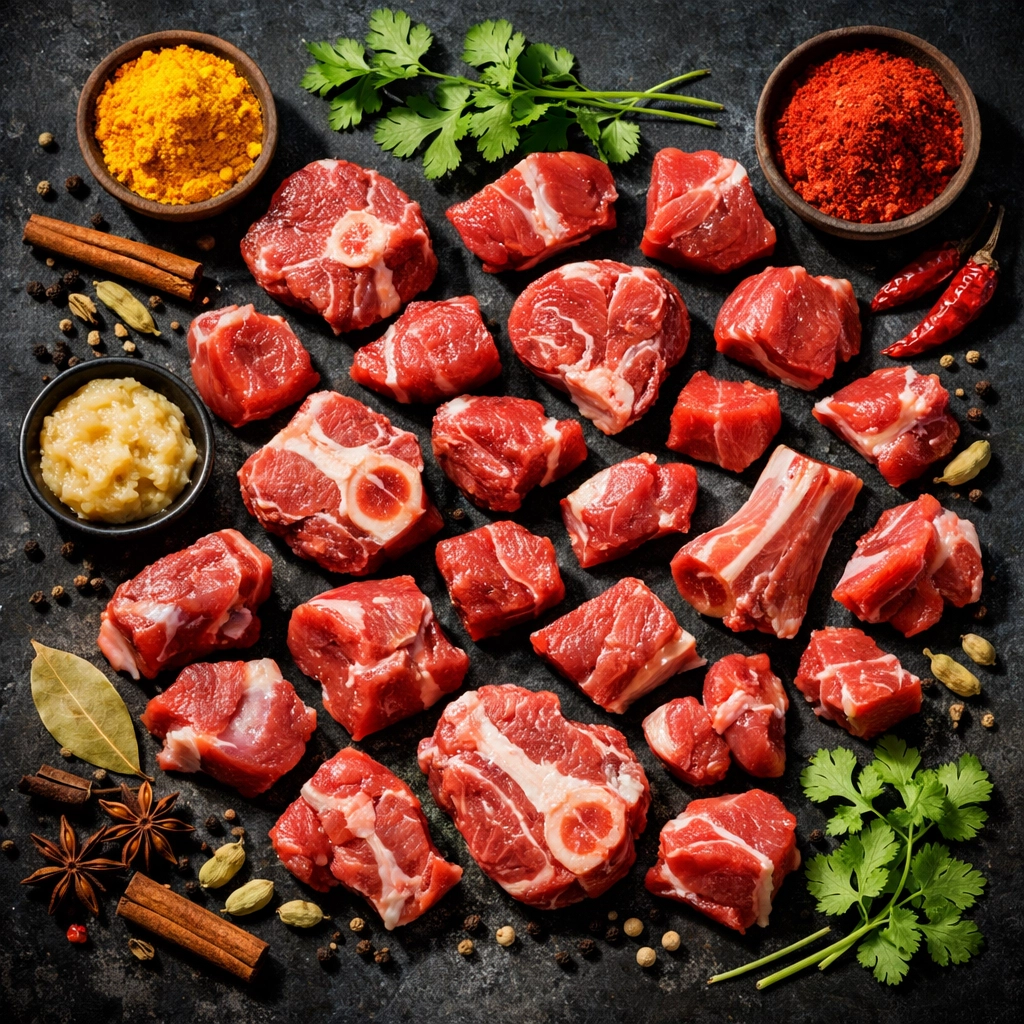 Mutton curry cut with bone-in and boneless pieces alongside Indian spices