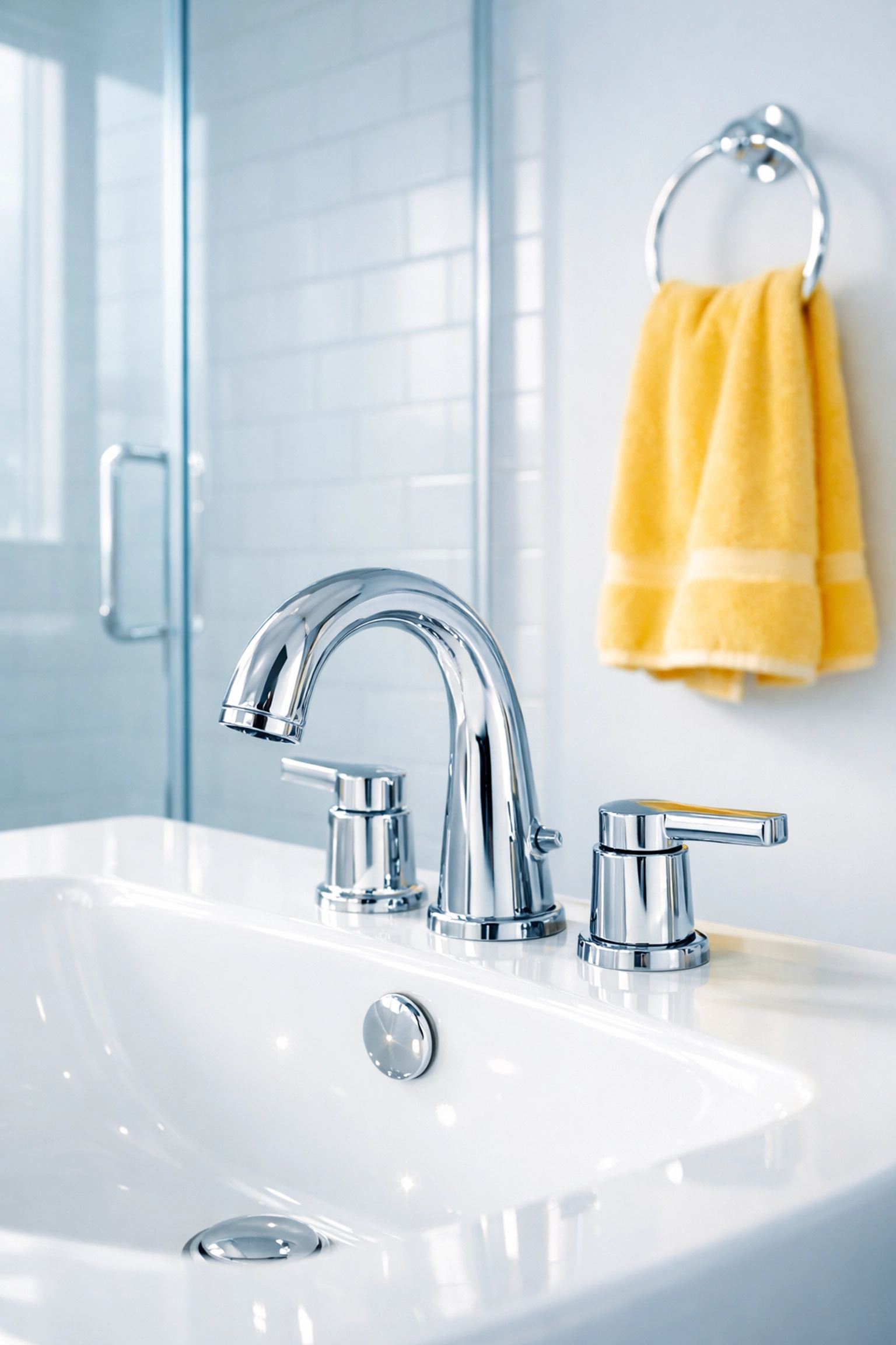 Sparkling clean luxury bathroom featuring a shiny chrome faucet and streak-free glass shower door.