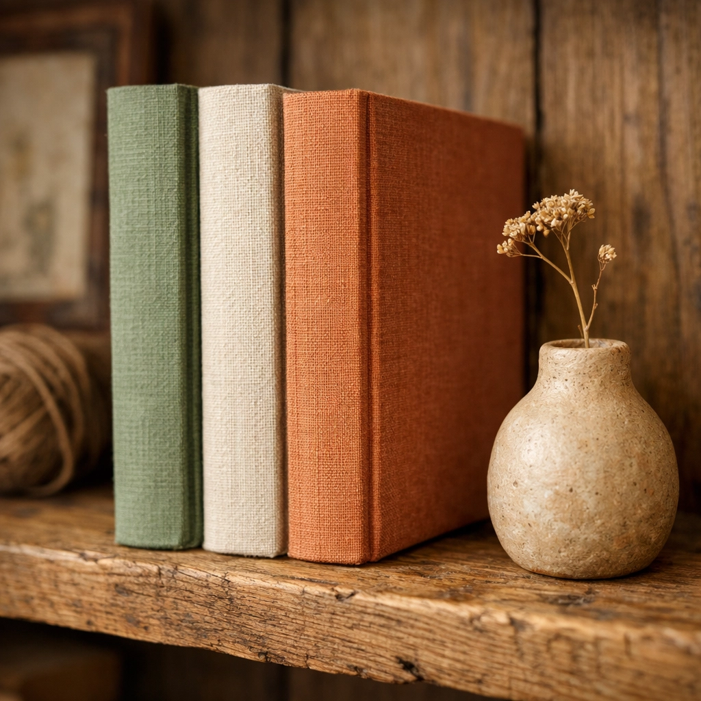 Curated linen-bound books and textured ceramic bud vase on a rustic wood shelf.