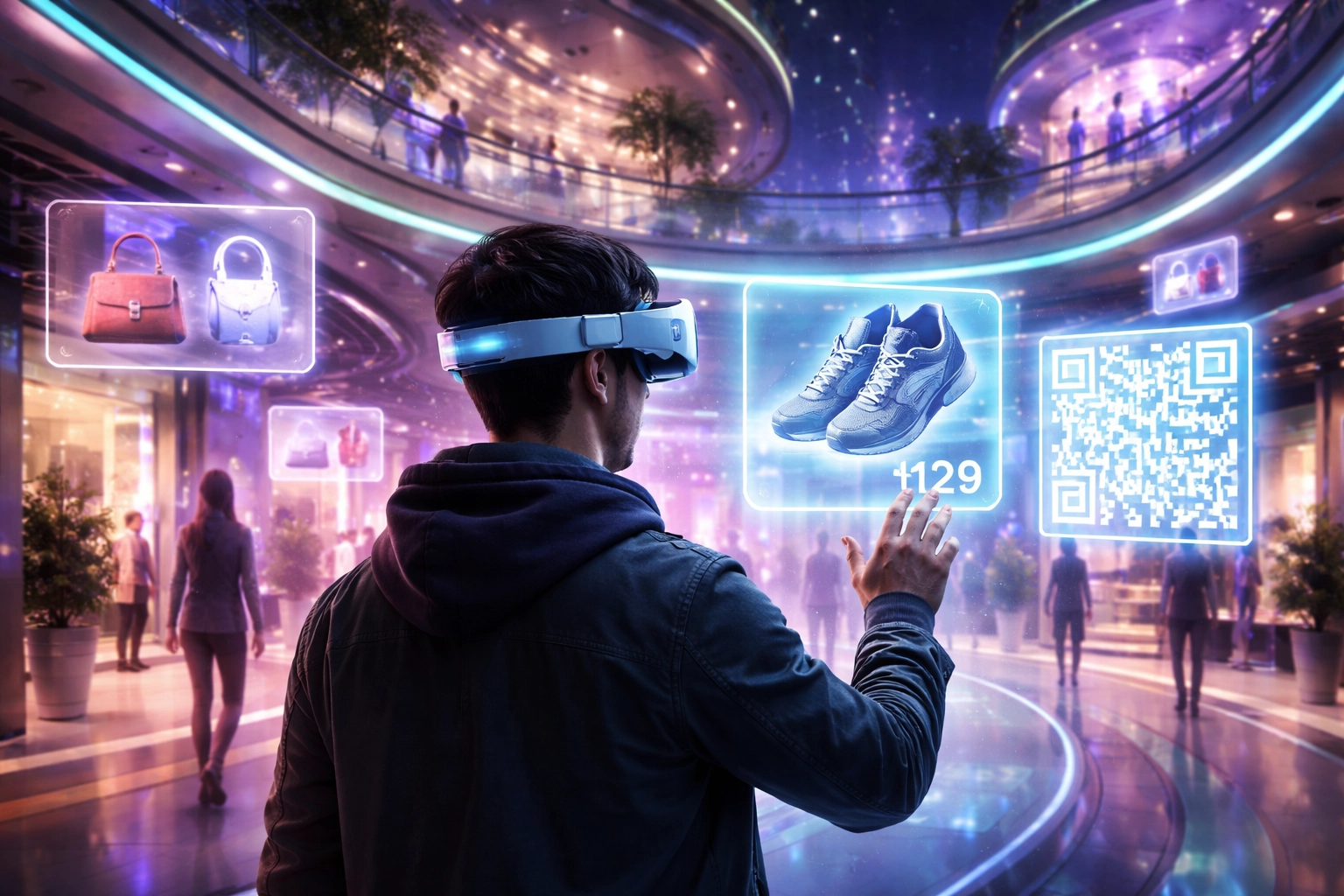 Shopper using VR headset browsing virtual metaverse storefront with crypto payment options