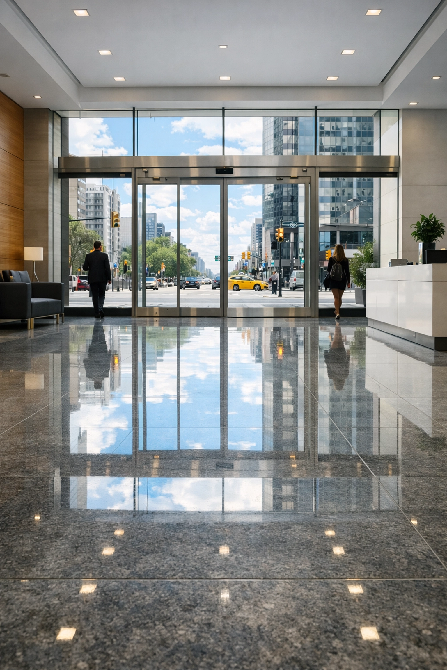 A spotless, high-end commercial lobby in Indianapolis illustrating reliable janitorial maintenance and care.