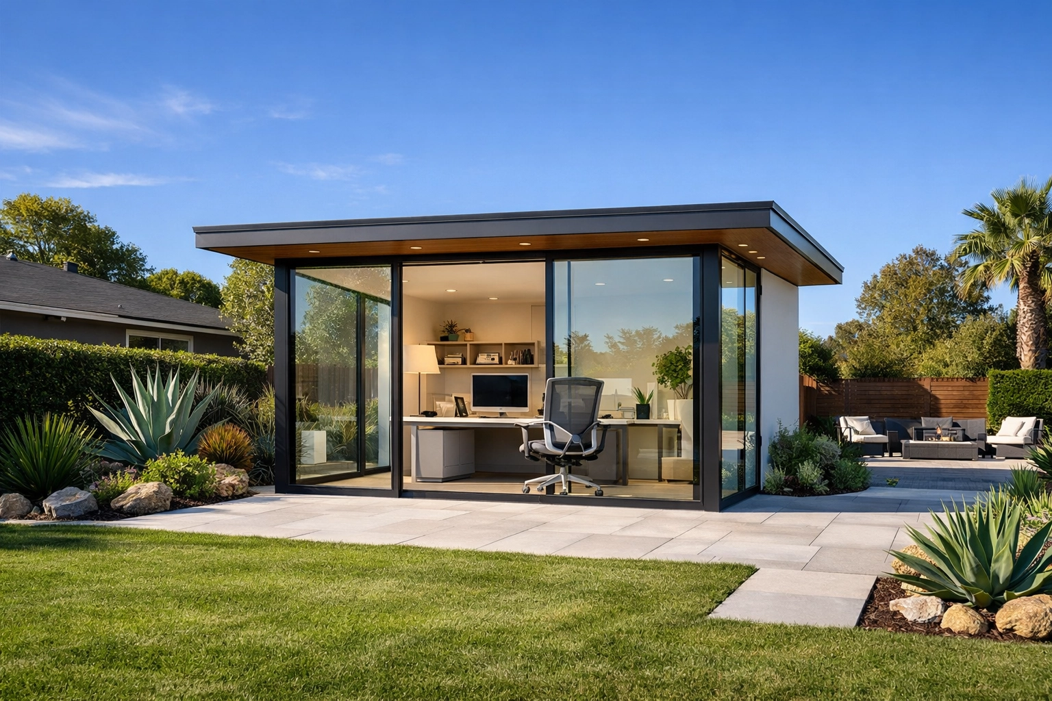 Modern detached ADU home office in a South Bay backyard with floor-to-ceiling glass walls.