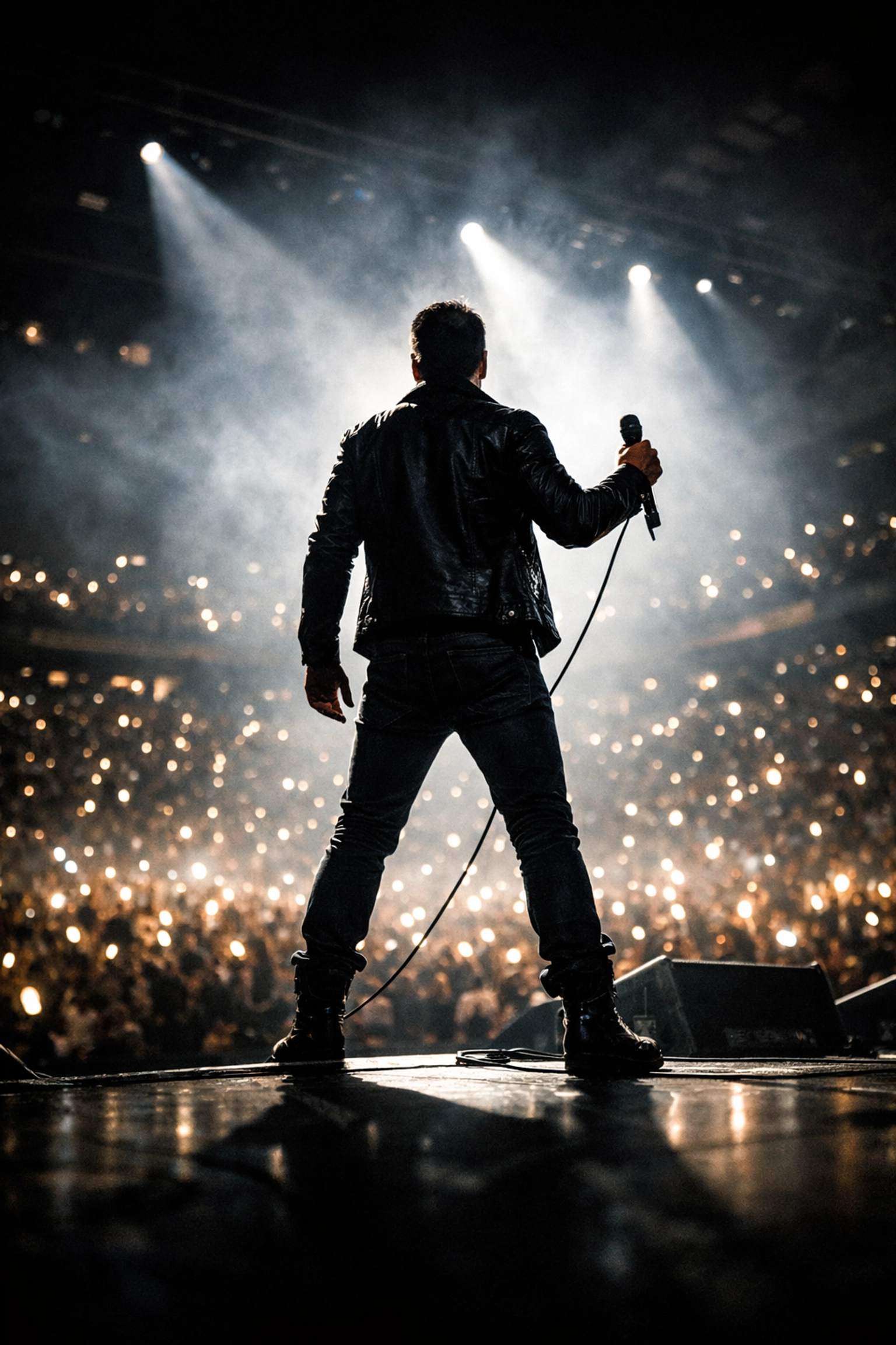 Successful musician on stage at a sold-out arena, the result of an expert music marketing plan.