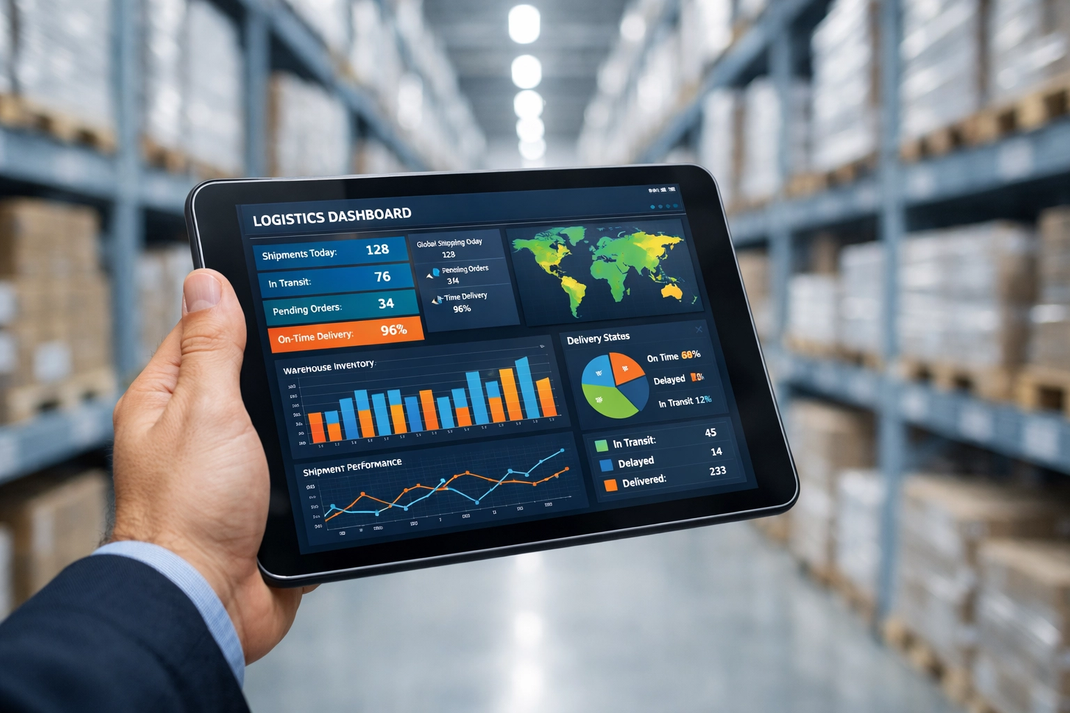 Digital dashboard for warehouse management services showing real-time 3PL and 4PL performance data.