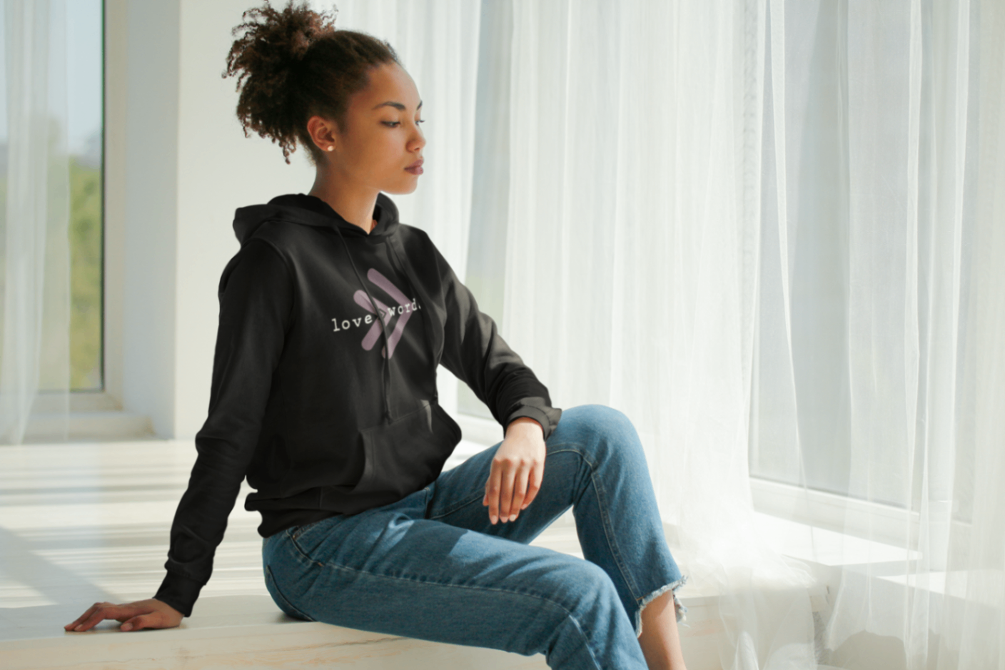 love is a word hoodie - window scene
