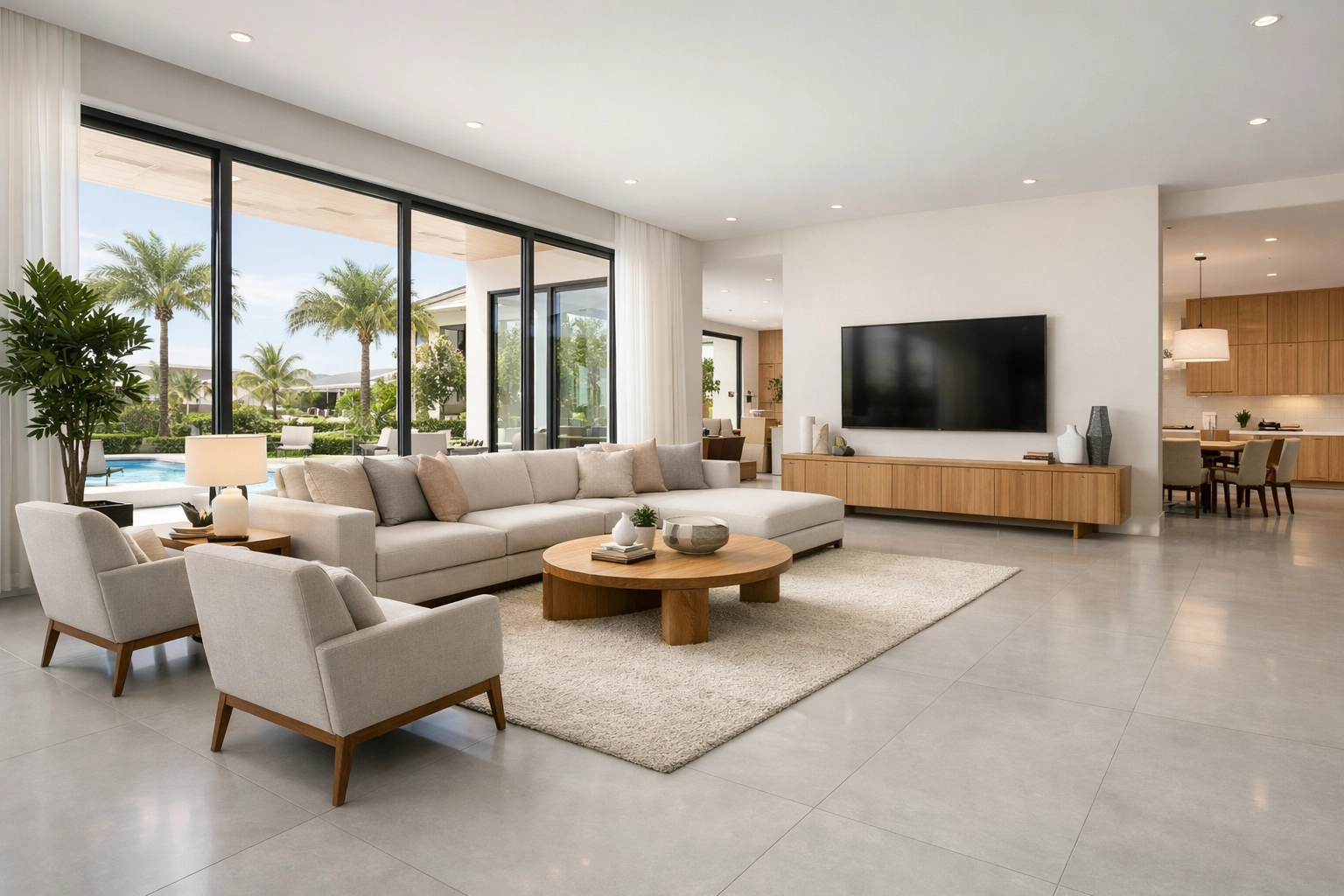 Modern living room featuring large-format porcelain tile installation in Orlando for a seamless floor finish.