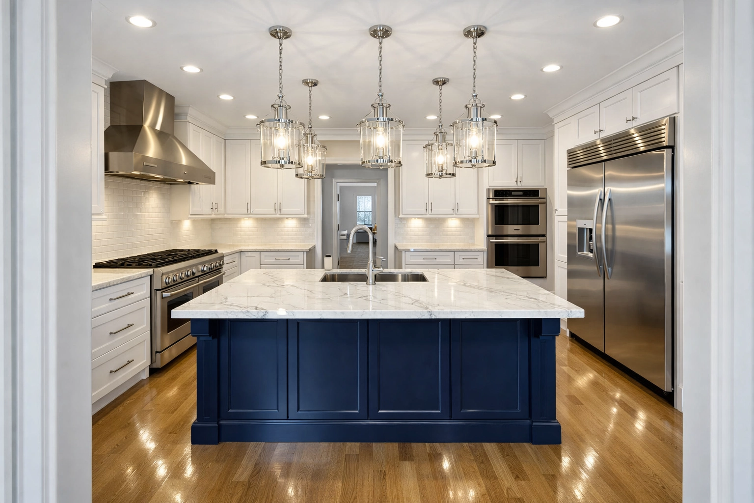 Move-in house cleaning Pepperell MA features a sanitized luxury kitchen with sparkling marble counters.