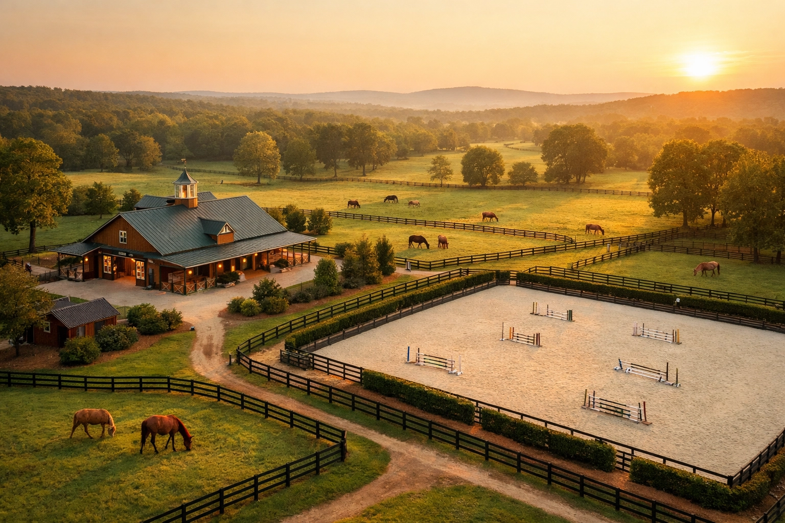 Aerial view of horse farm for sale in Waxhaw NC with barn, arena, and fenced pastures