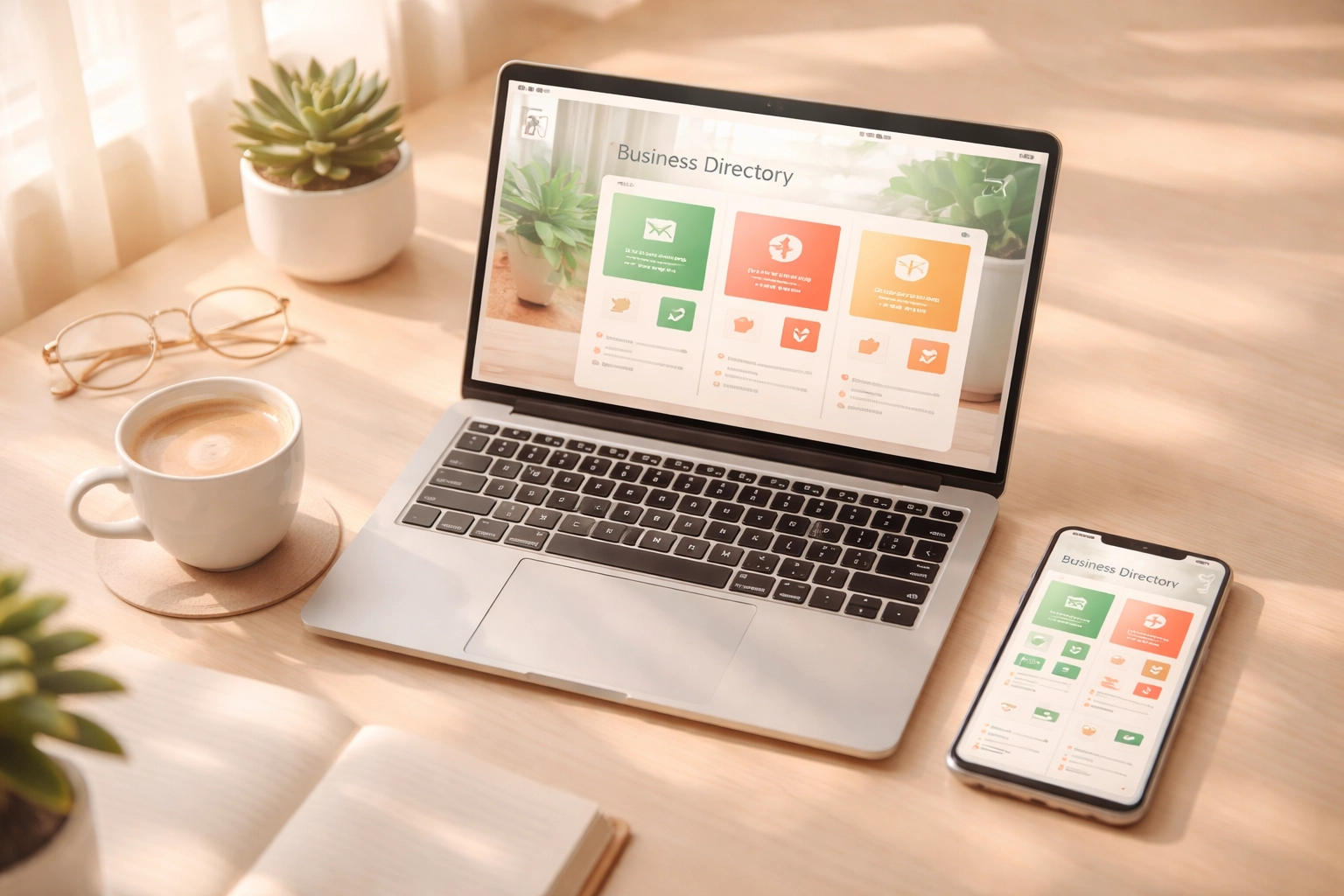 Laptop and smartphone showing an inclusive business directory on a modern desk, highlighting digital tools for finding LGBTQ-friendly businesses.