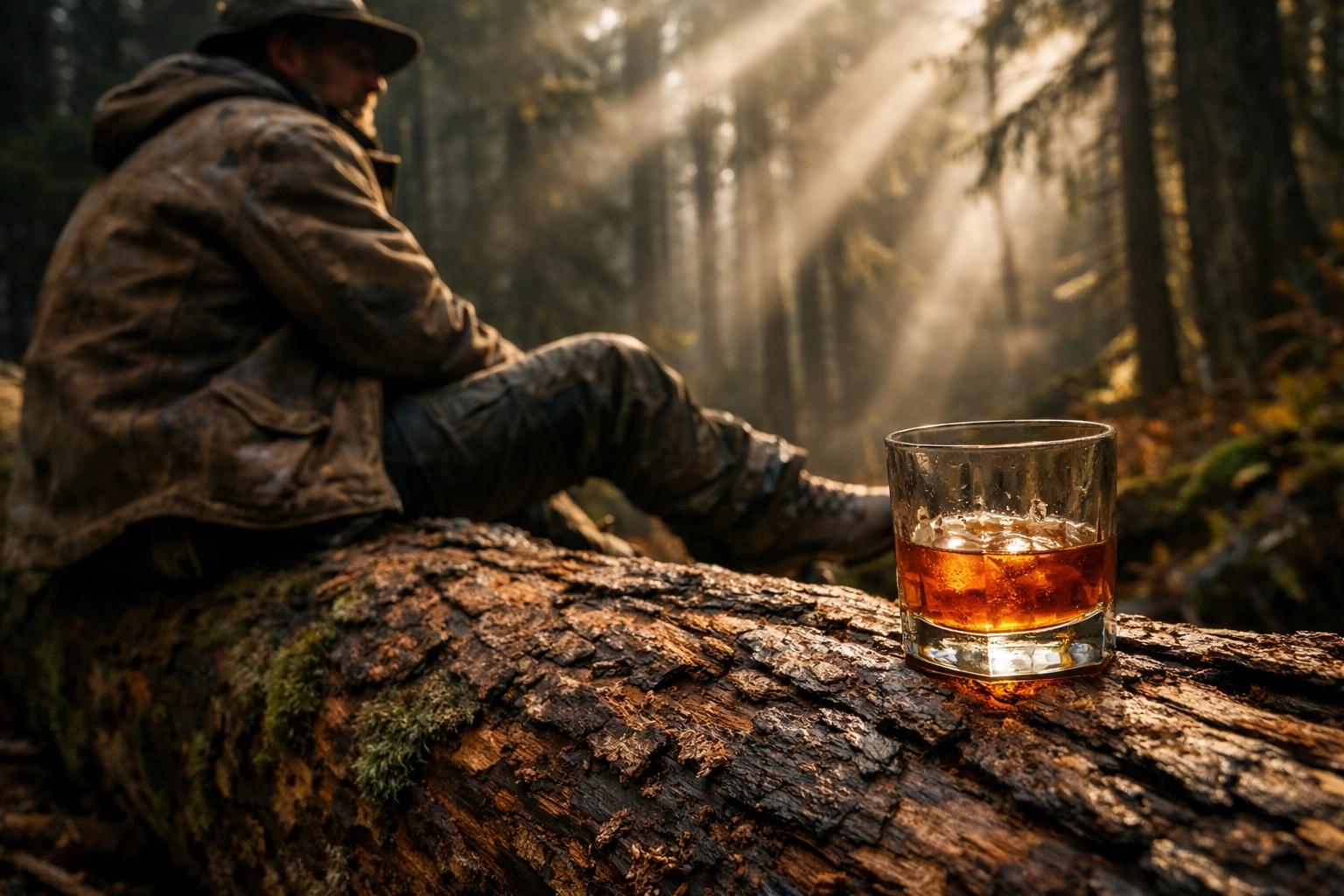 Rugged outdoorsman in a misty forest with a glass of non-chill filtered amber bourbon.