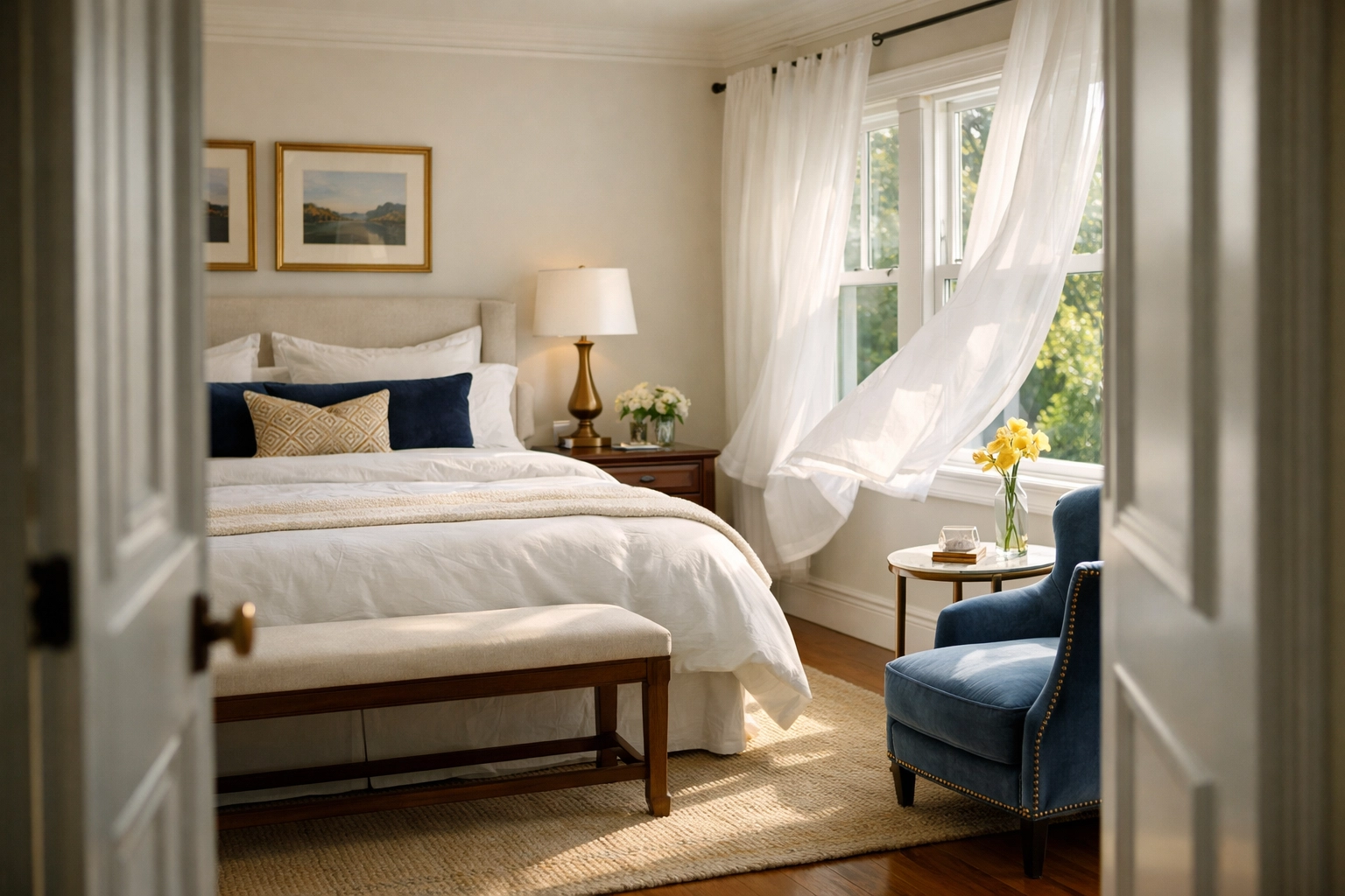 Perfectly organized bedroom showing the results of eco-friendly house cleaning in Cambridge for families.