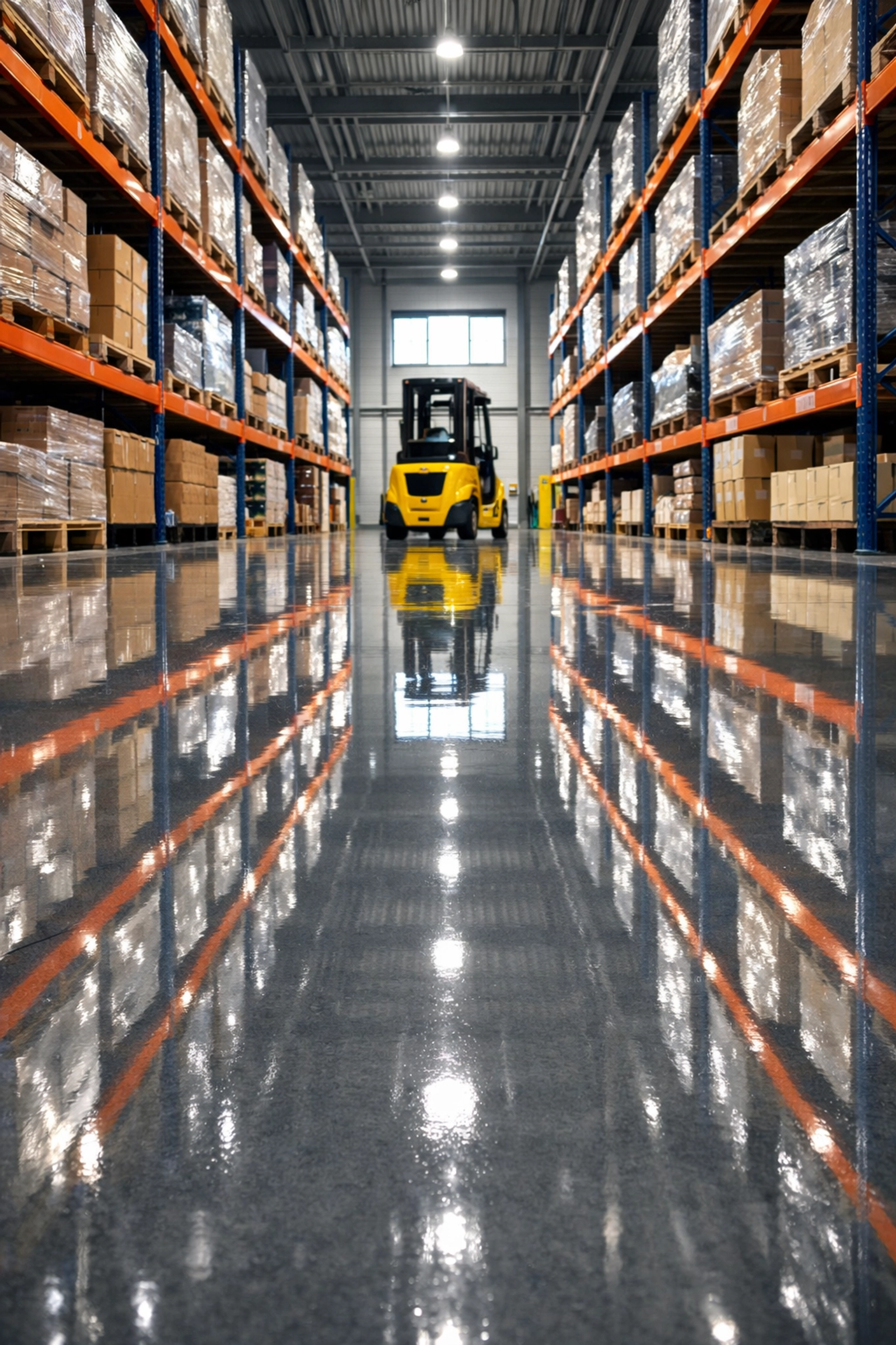 Commercial epoxy floor coating in Mississippi warehouse with forklift