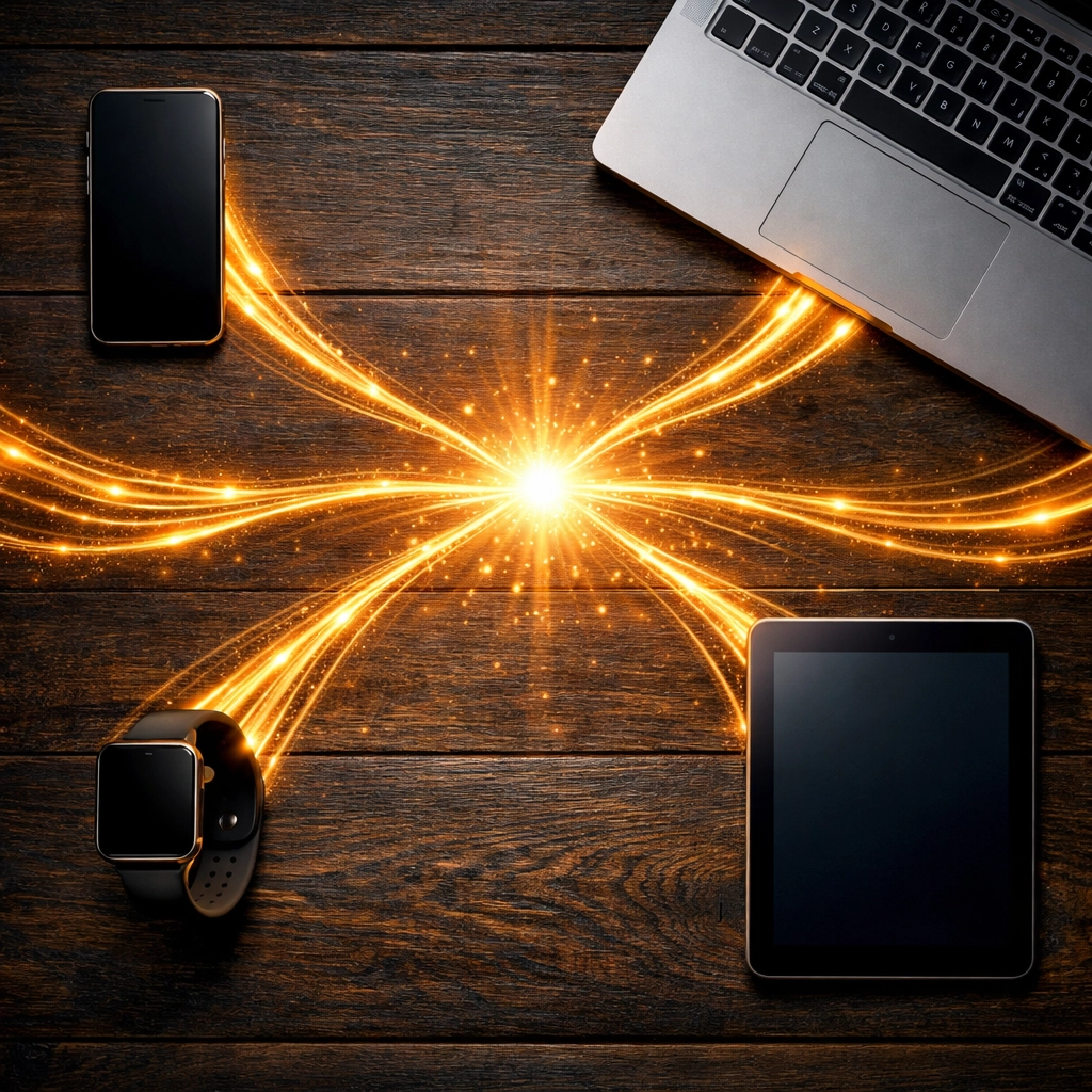 Multiple devices like a smartphone and laptop syncing data through a secure cloud backup service.