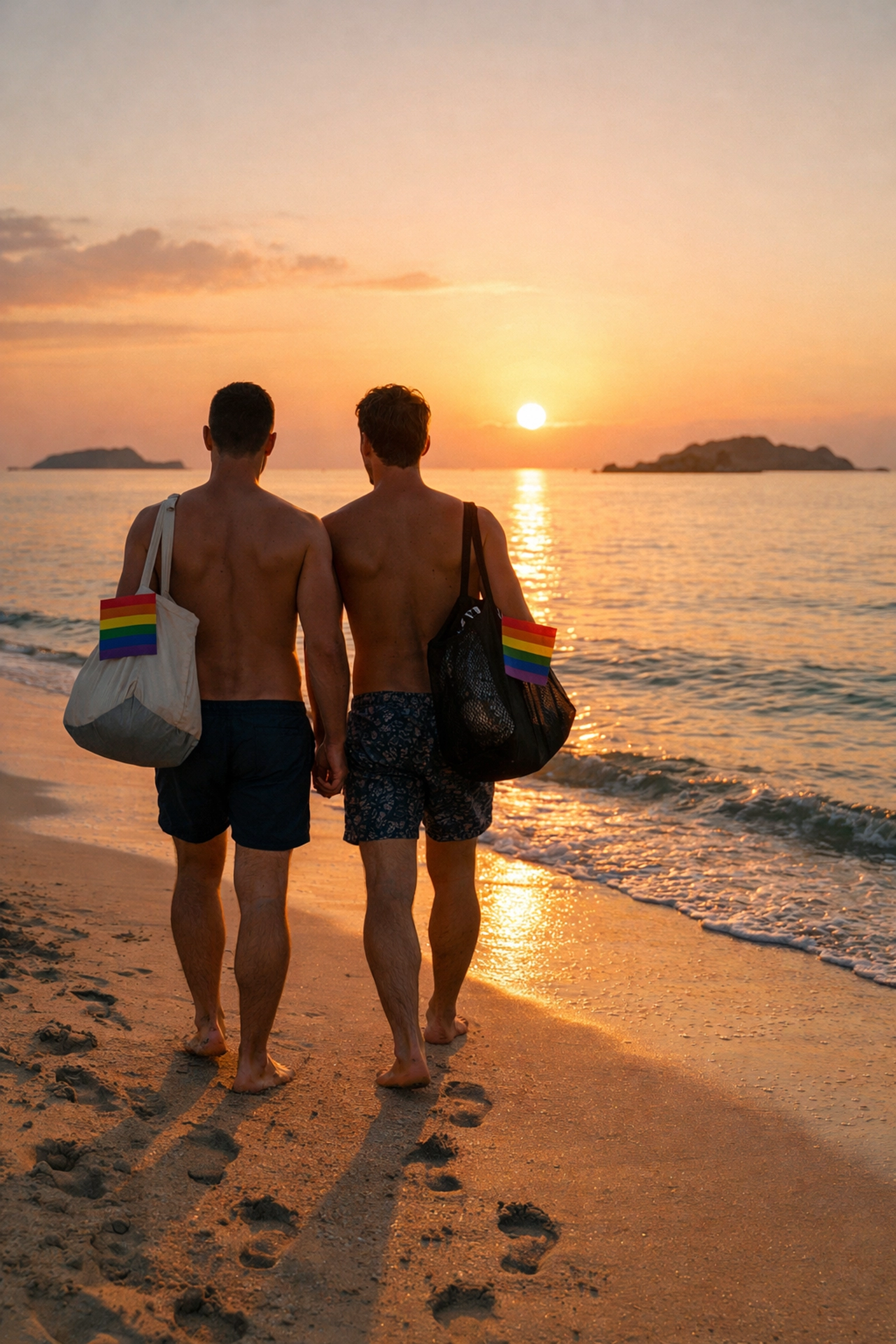 Two gay travelers walking at sunrise along peaceful clothing-optional section of Ibiza beach
