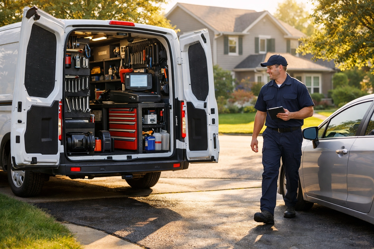 Mobile mechanic service van arriving at Green Bay home with equipment for on-site auto repair