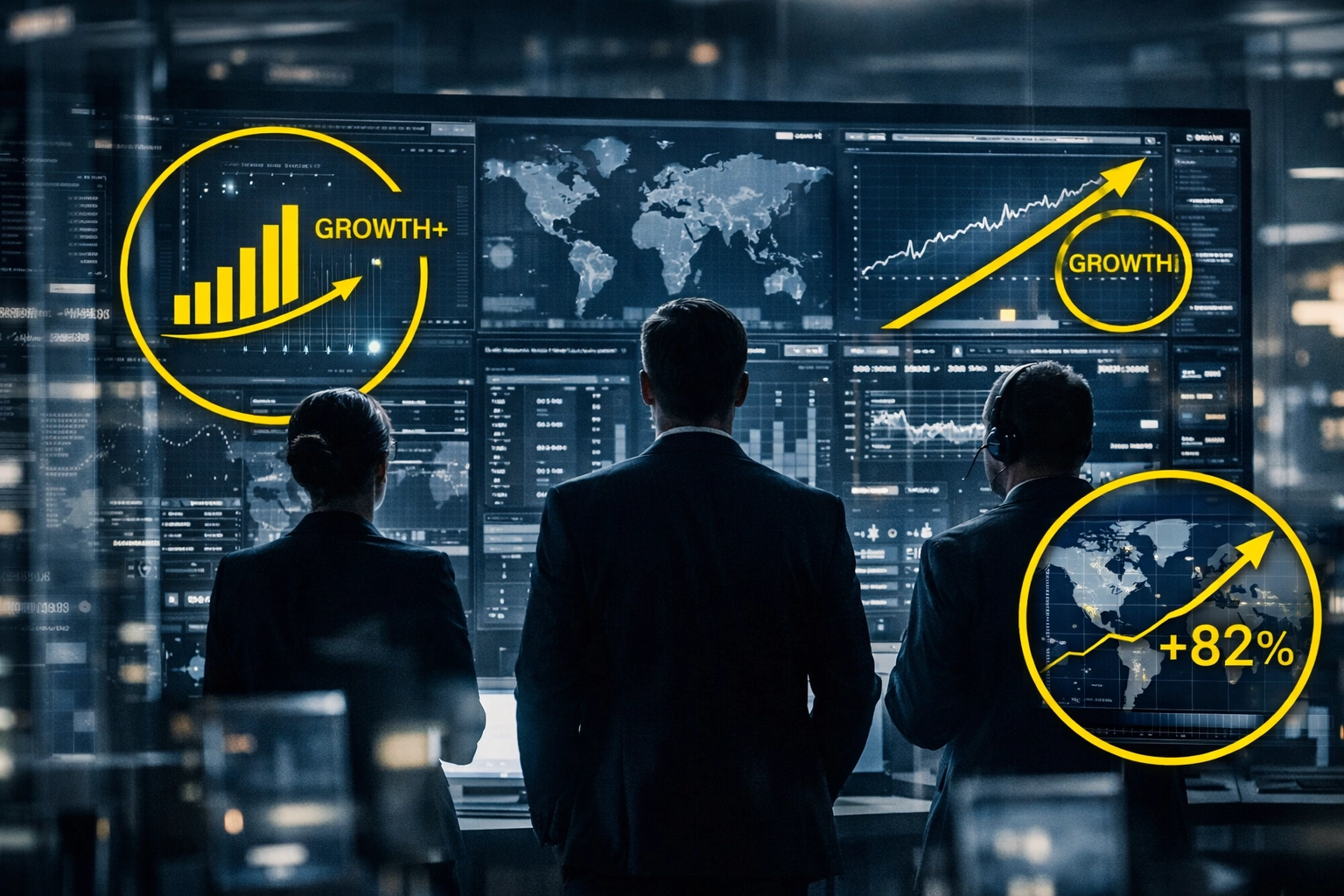 Amazon agency specialists in a command center optimizing brand growth and account data.