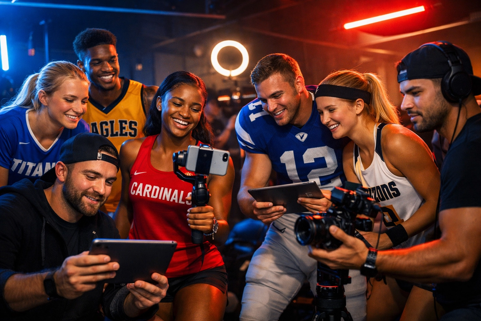 College athletes creating NIL content as brand partners and digital influencers in modern studio