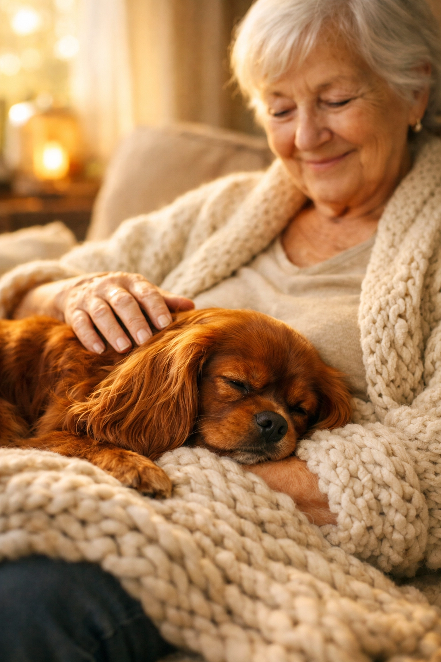 An emotional support dog Cavalier King Charles snuggling with a senior for comfort and therapeutic bonding.
