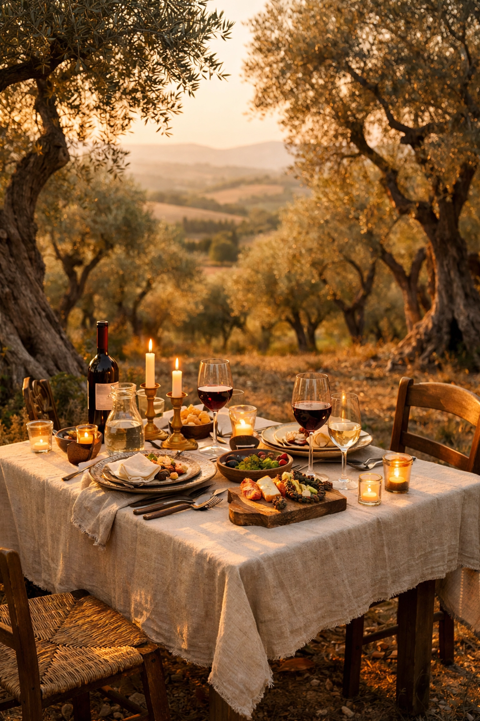 An intimate, private candlelit dinner in an Italian olive grove, showcasing a curated luxury travel experience.