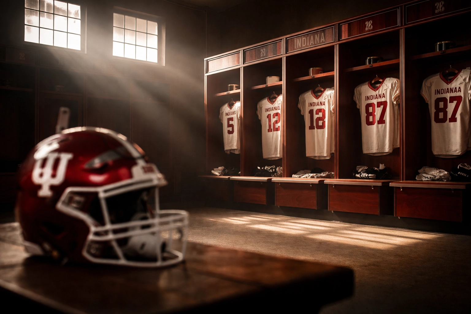 Empty Indiana Hoosiers football locker room symbolizing player departures after winning the national championship