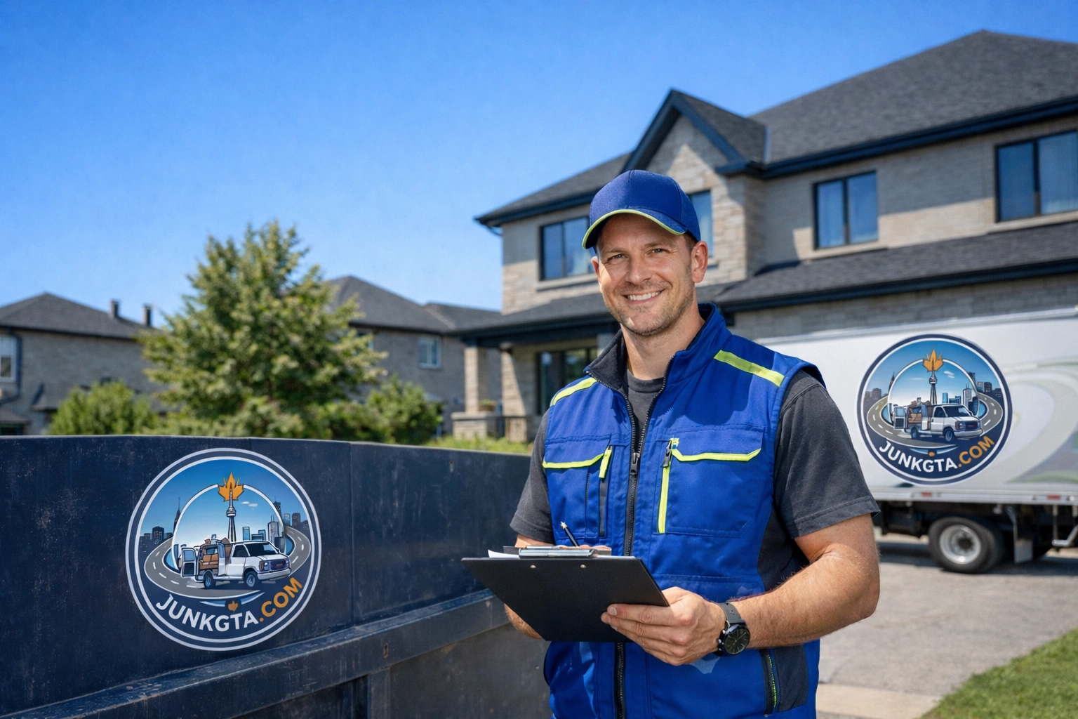 What Can I Put in a Construction Debris Removal Bin? Professional junk removal GTA expert Roman inspects a construction debris removal bin in a North York driveway.