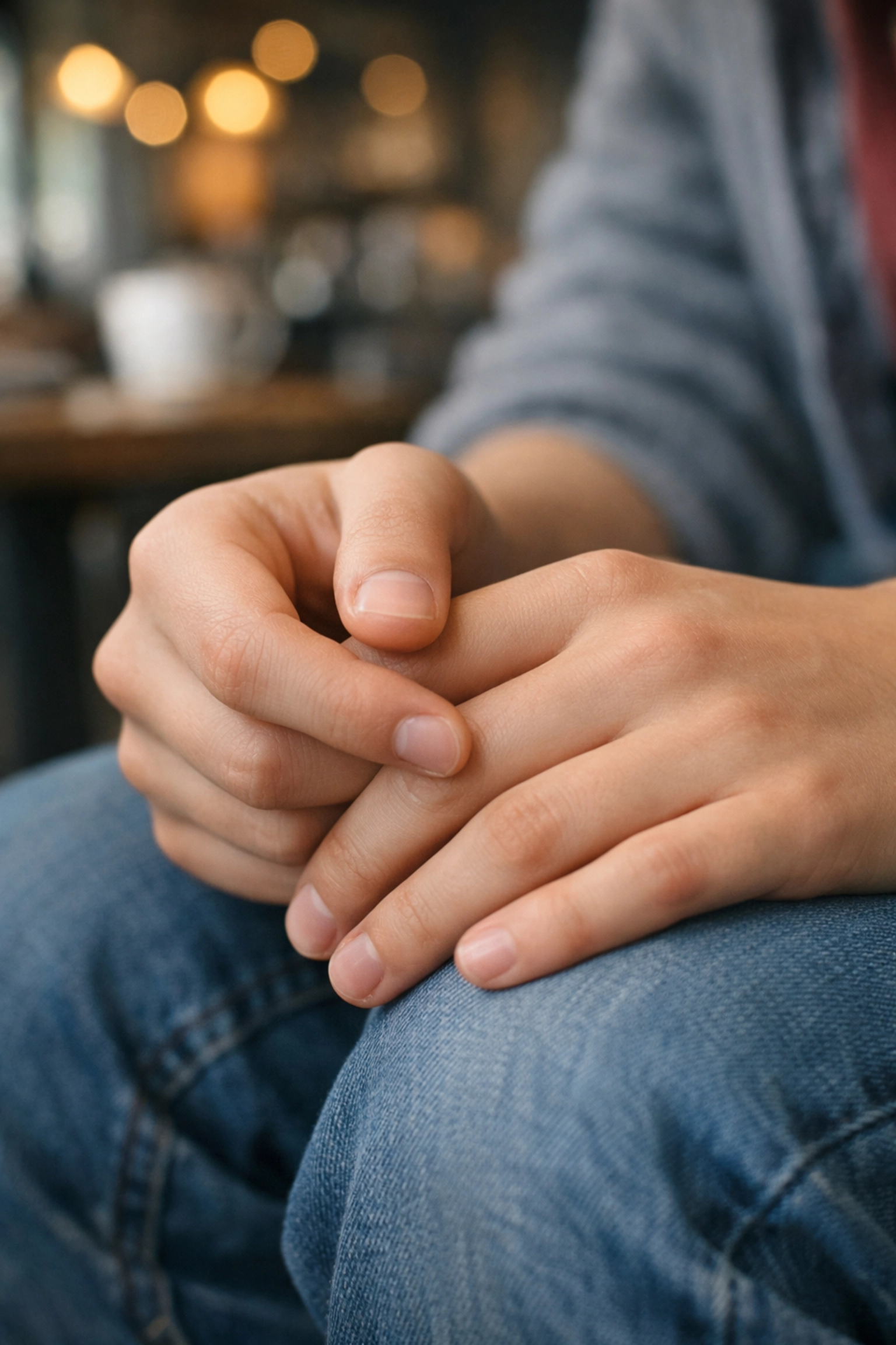 Teenager subtly stimming by rubbing fingers while sitting in a cafe to manage social anxiety.