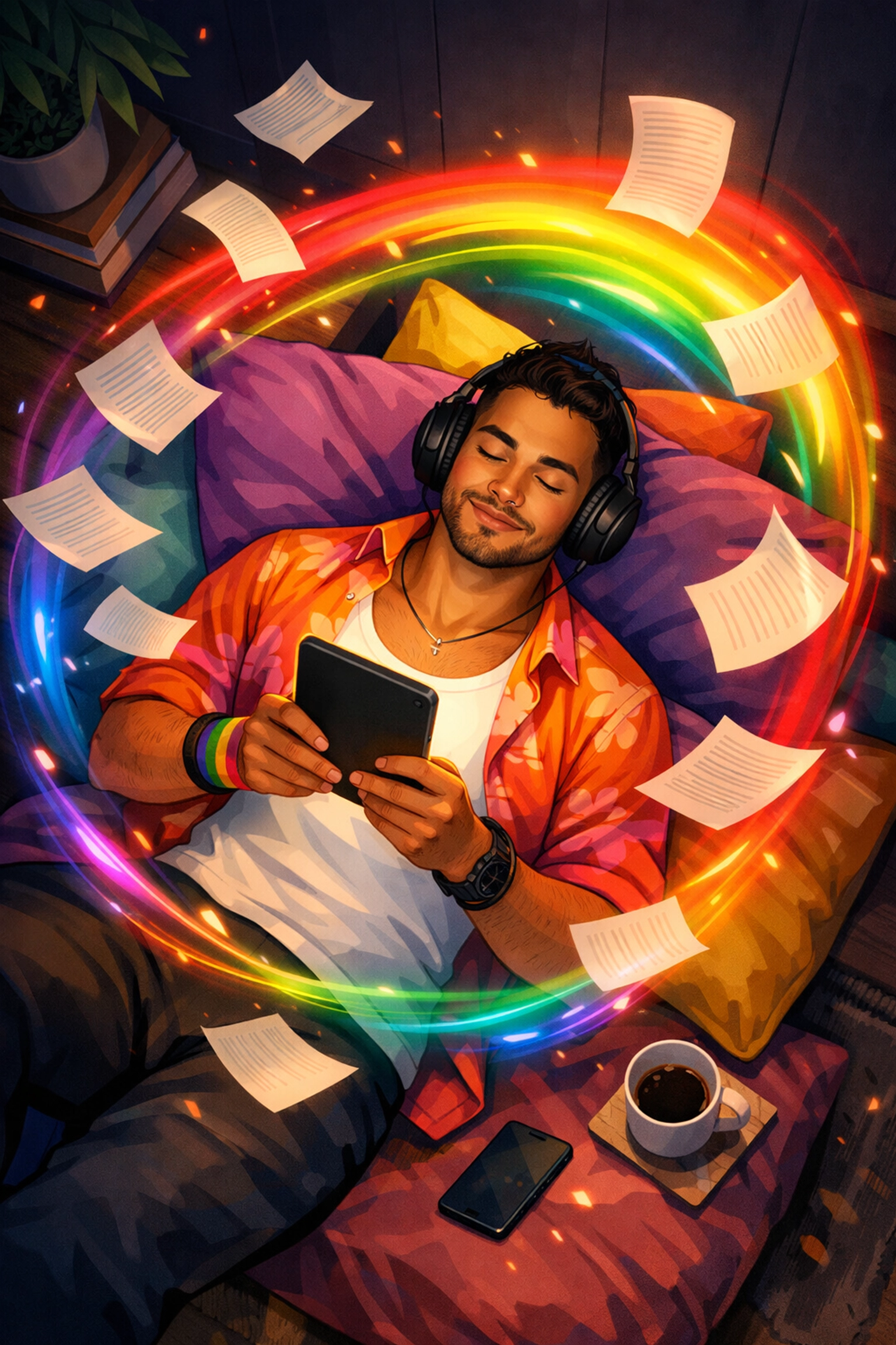 A man finds peace listening to LGBTQ+ audiobooks and reading gay contemporary romance on an e-reader.