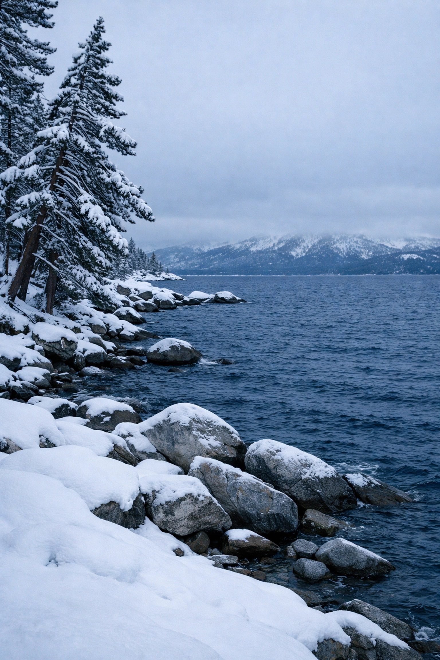 Winter landscape photography at Lake Tahoe showing a snow-covered shoreline, frozen rocks, and deep blue alpine water.