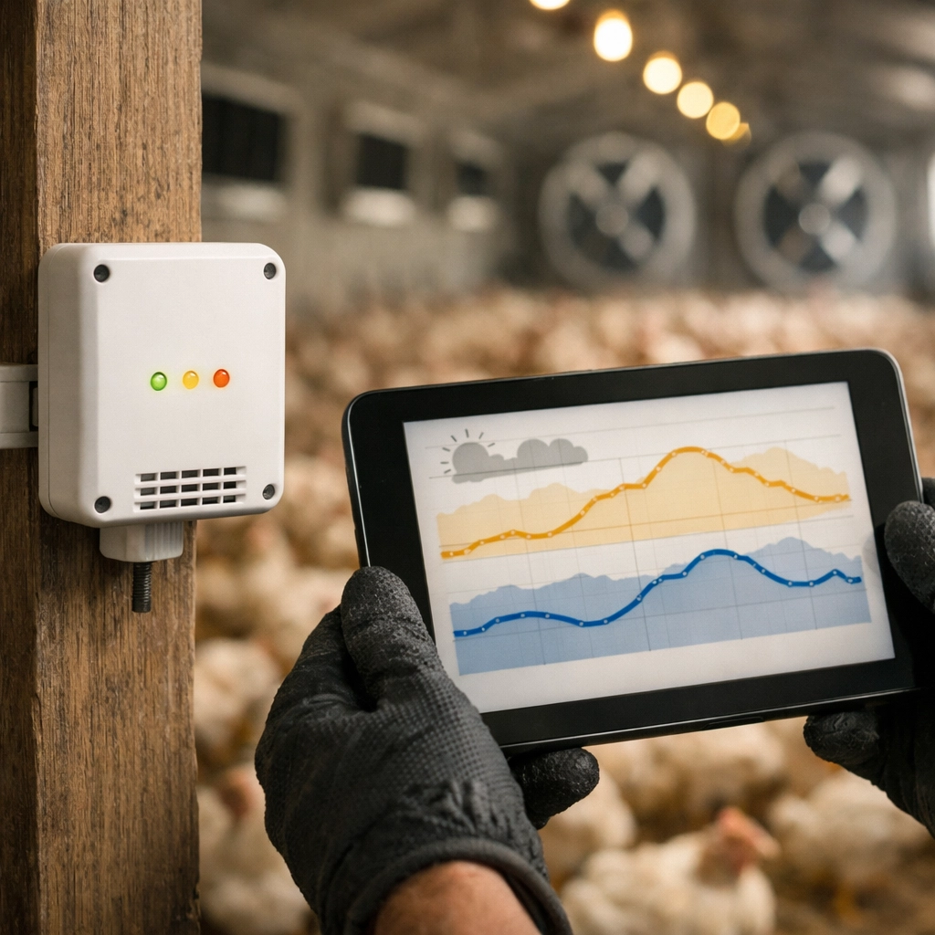 Suivi des données de ventilation et météo sur tablette dans un bâtiment d'élevage avicole avec IA.