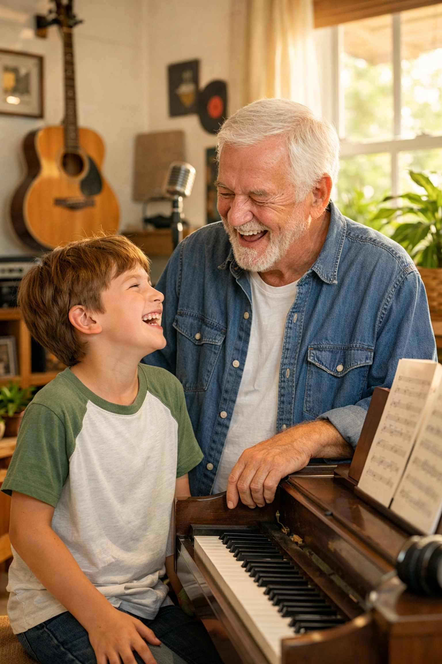 A child and senior student sharing a laugh during singing lessons at a Tallahassee music studio.