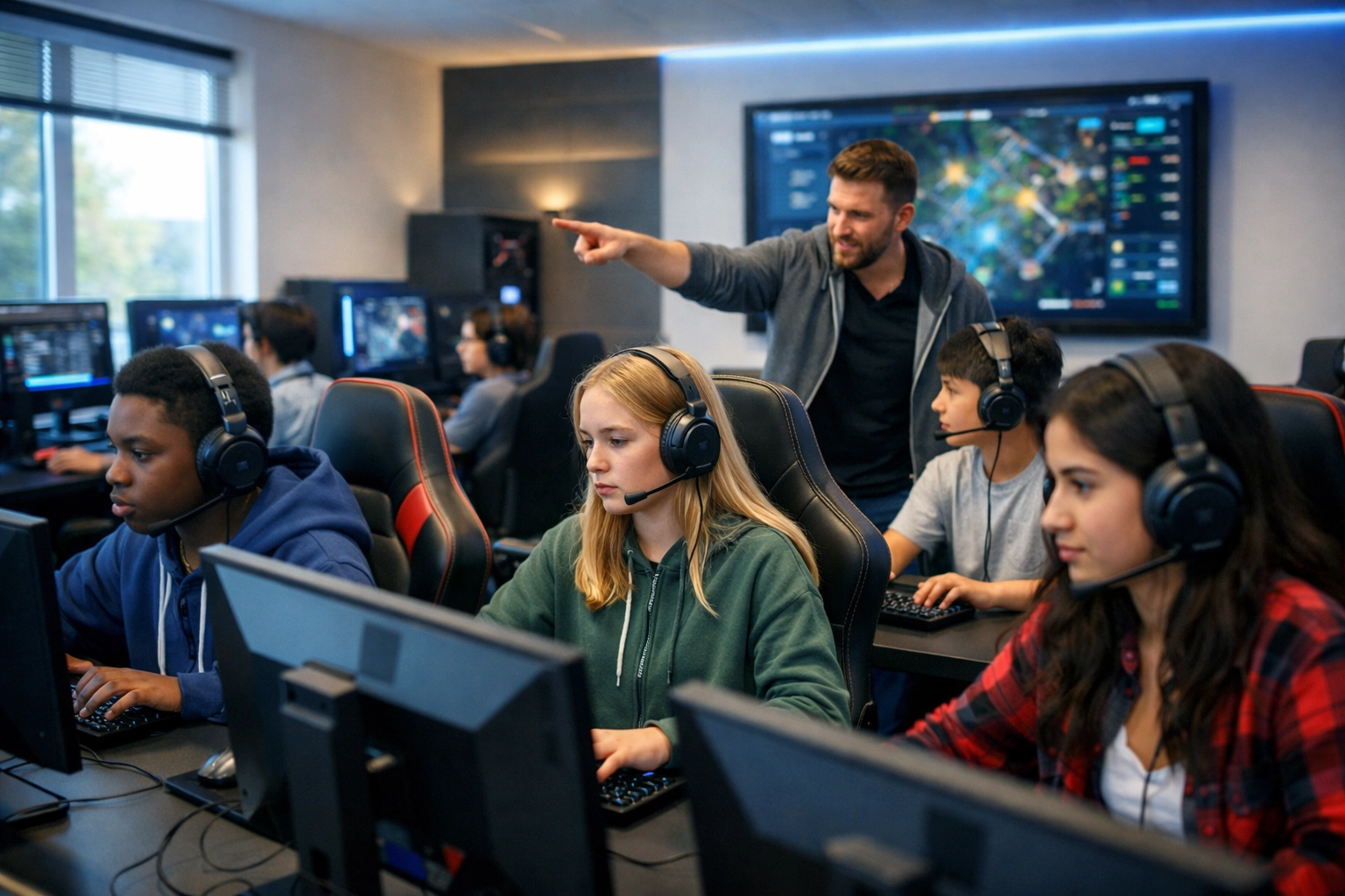 High school students using professional esports gaming pods and digital signage for educational growth.