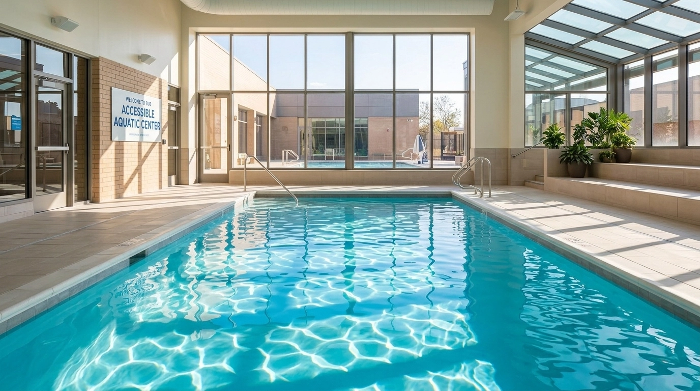 An architectural visualization of a modern, bright, and inclusive indoor swimming facility, representing Love to Swim’s 2027 vision.