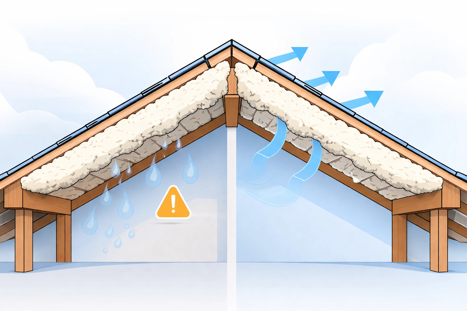 Diagram showing spray foam insulation trapping moisture in a loft roof versus healthy ventilation, highlighting structural risks.