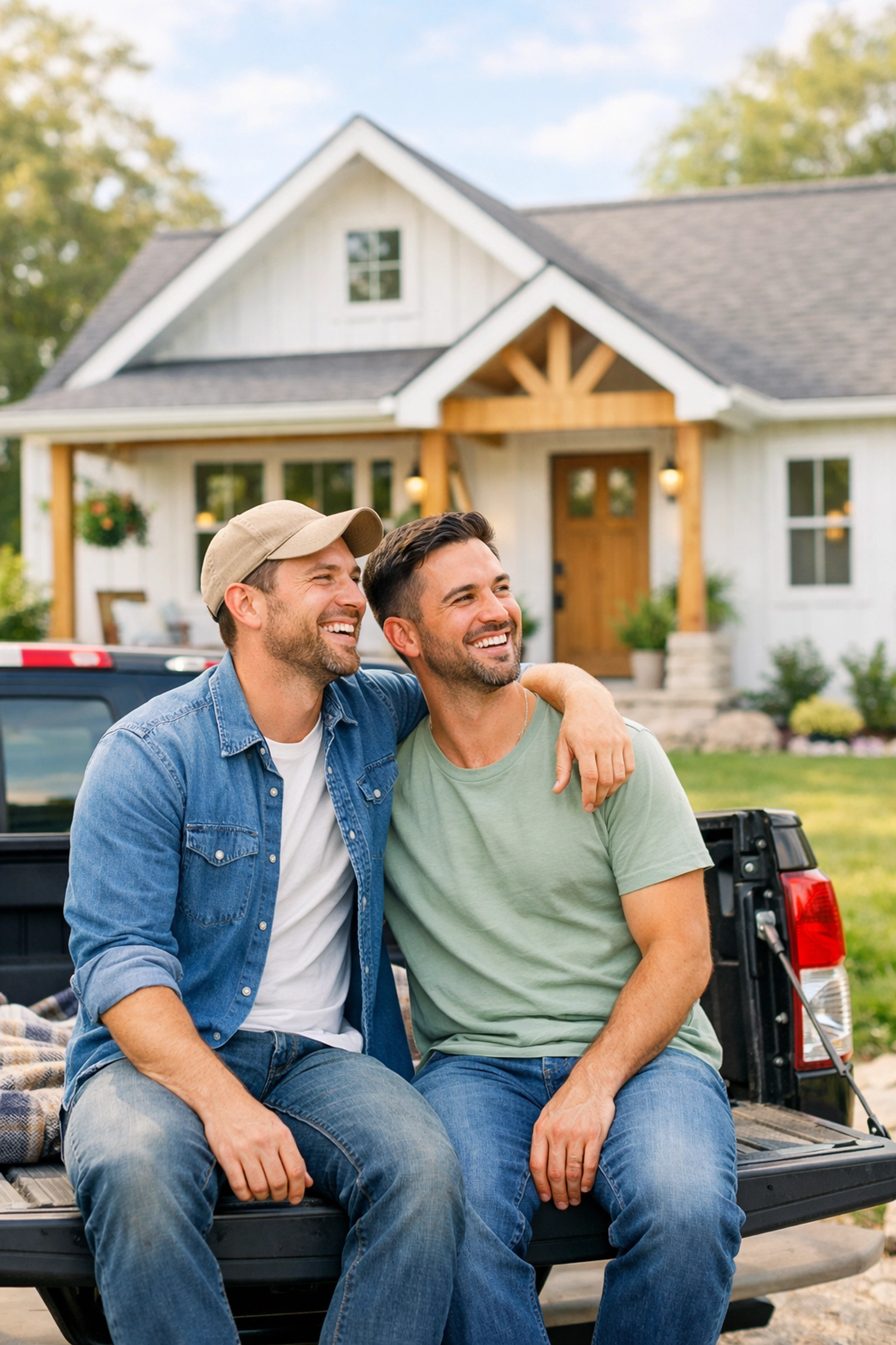 A happy gay couple sits on a truck tailgate after finishing a home remodel, a classic slow-burn MM romance ending.