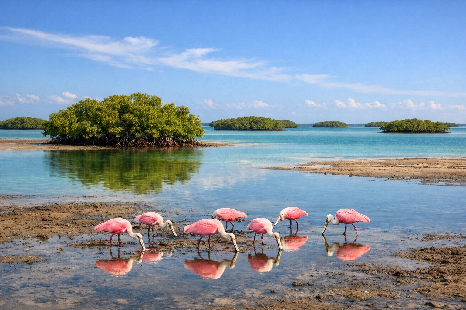 Roseate Spoonbills in the Ten Thousand Islands, a premier Everglades wildlife photography destination.