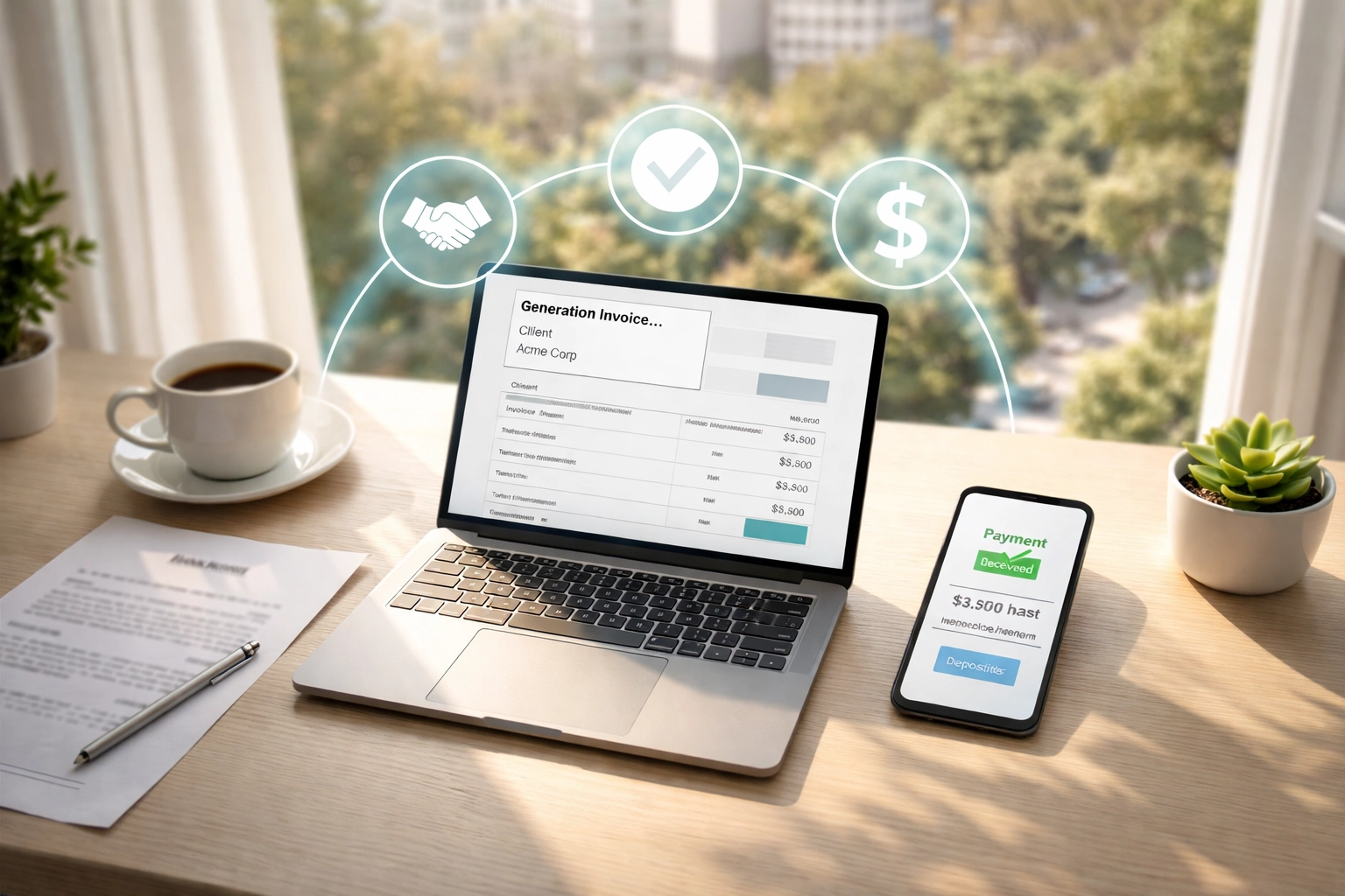 Workspace with a MacBook generating an automated invoice and a phone showing payment, symbolizing seamless lead-to-cash pipeline.
