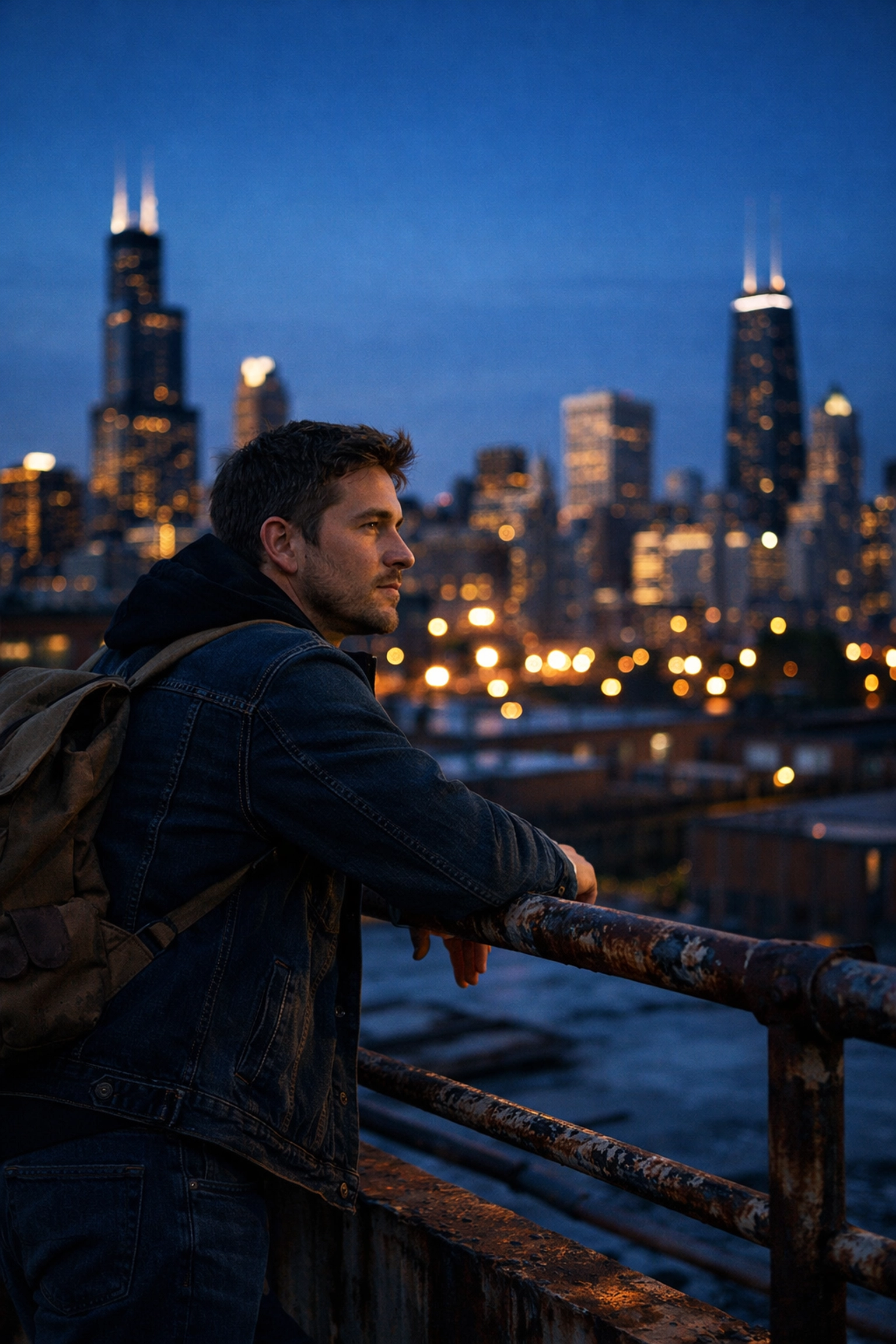 Top 10 Unposed Portrait Photography Ideas for Capturing Genuine Emotions 3 Man on a Chicago rooftop, illustrating travel photography tips for finding hidden gems for portraits.