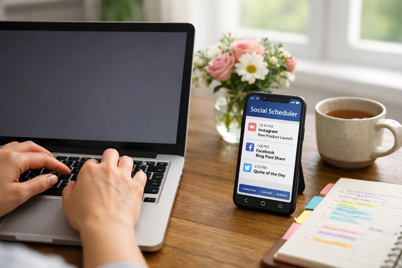 Scheduling social media posts on laptop and phone with content planner and tea on desk