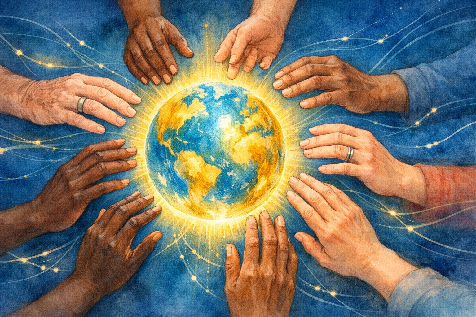 Diverse hands in a circle representing a virtual church community and global Christian stories of prayer and connection.