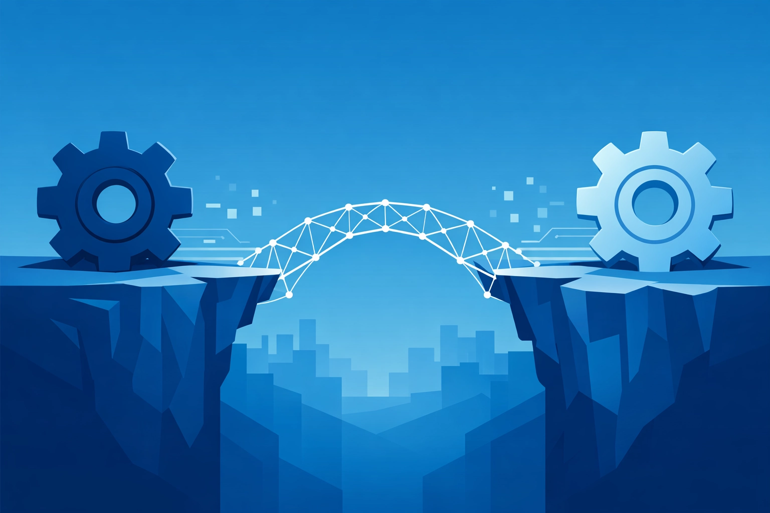 Geometric illustration of a bridge linking marketing gears for a unified business growth strategy