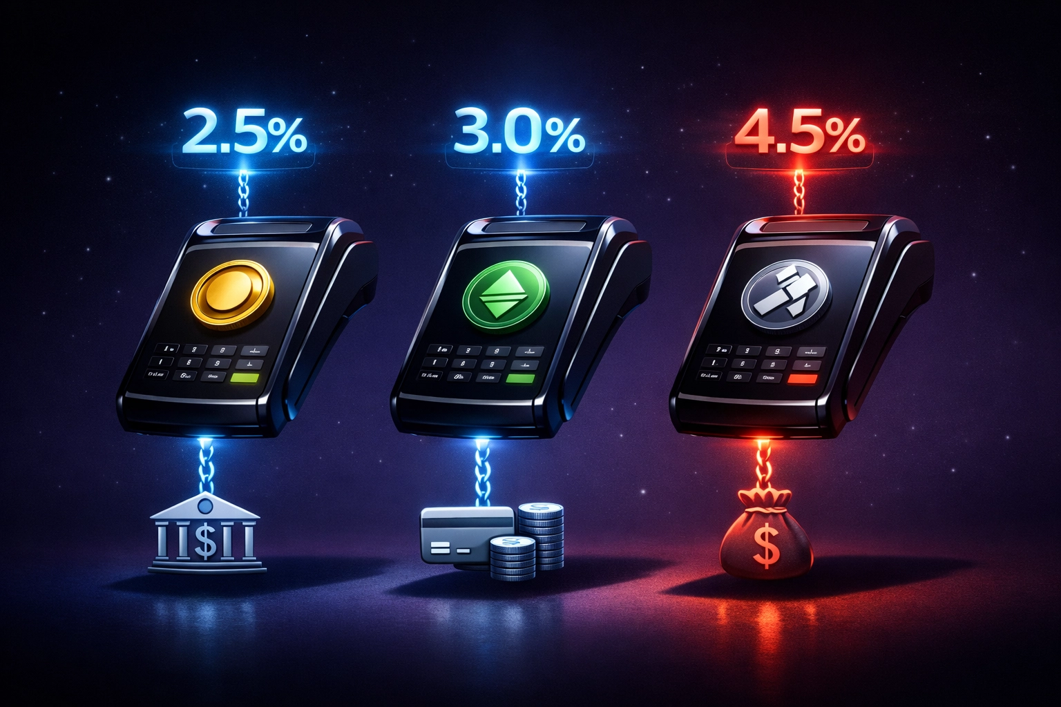 Crypto payment terminals showing percentage-based fees compared across NOWPayments, CoinPayments, and Triple-A
