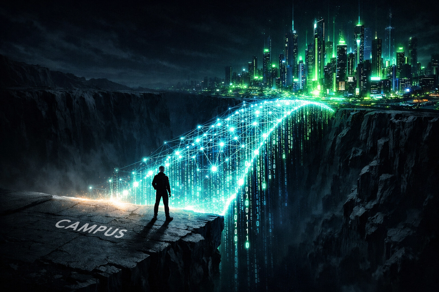 Digital bridge of code spanning the gap from campus to career via AI assessments.