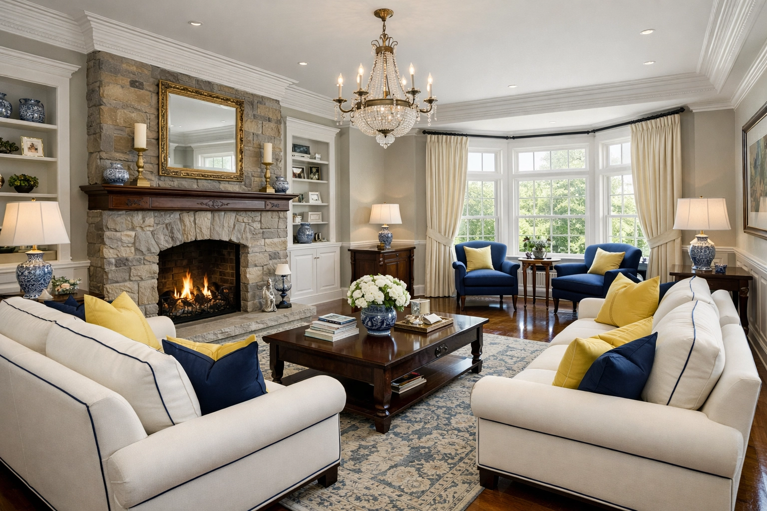 Clean living room in a historic Winchester home showcasing professionally maintained hardwood floors.